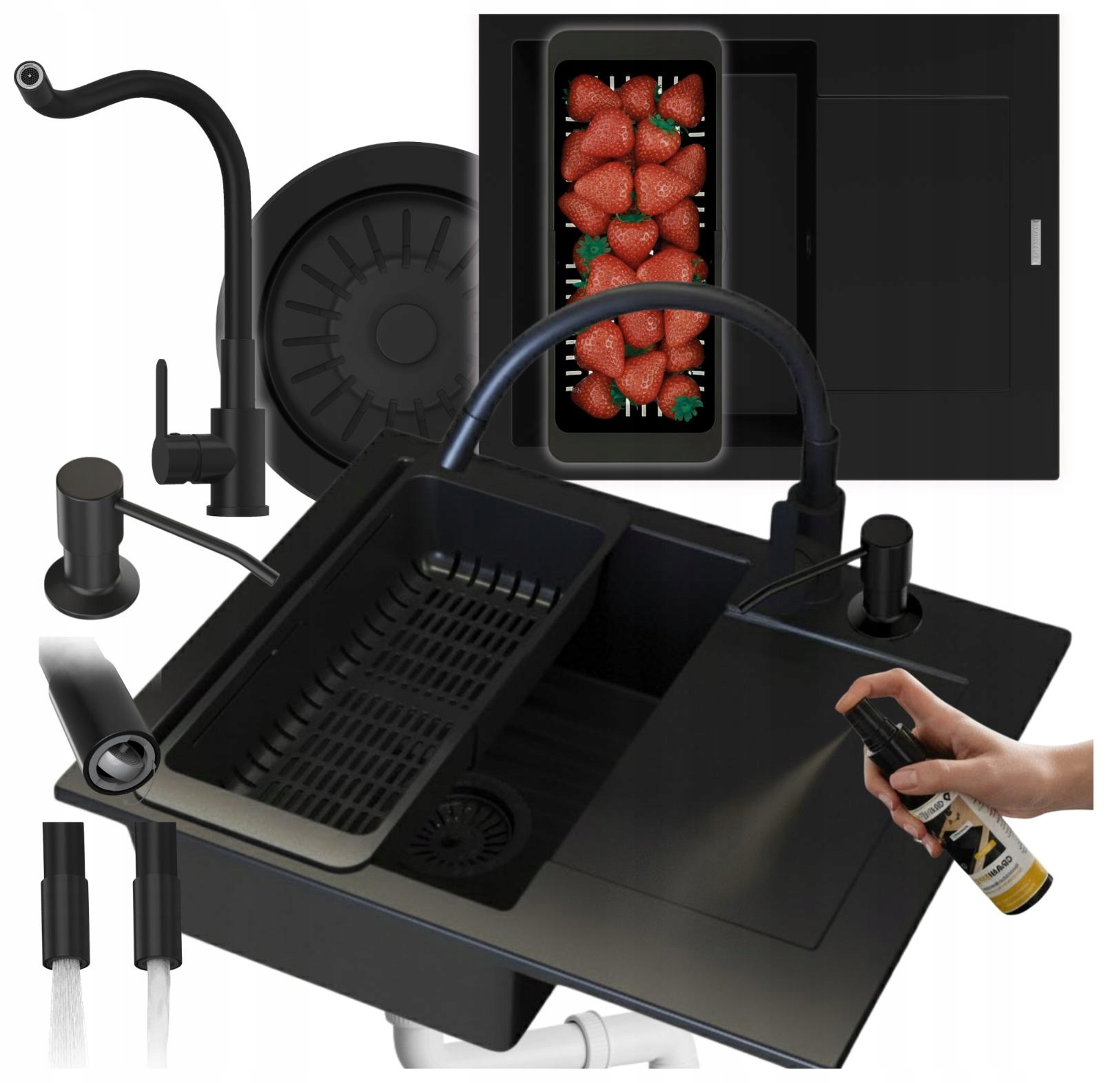 Granitový dřez černý, jednokomorový, sada Dřez Bello, sifonová baterie