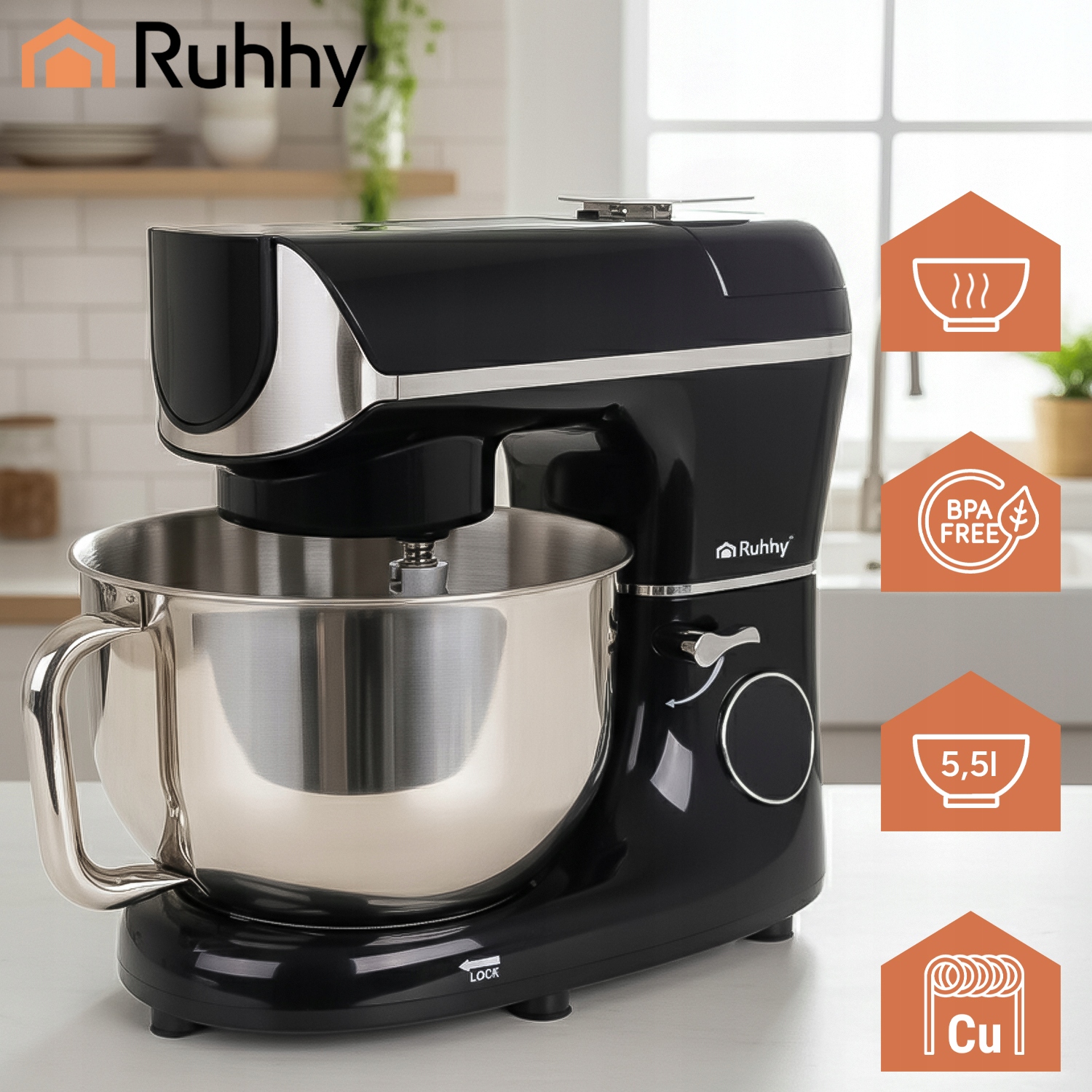 Robot Planetarny Kuchenny RUHHY z Podgrzewaną Misą 5,5 Waga Timer Akcesoria Marka Ruhhy