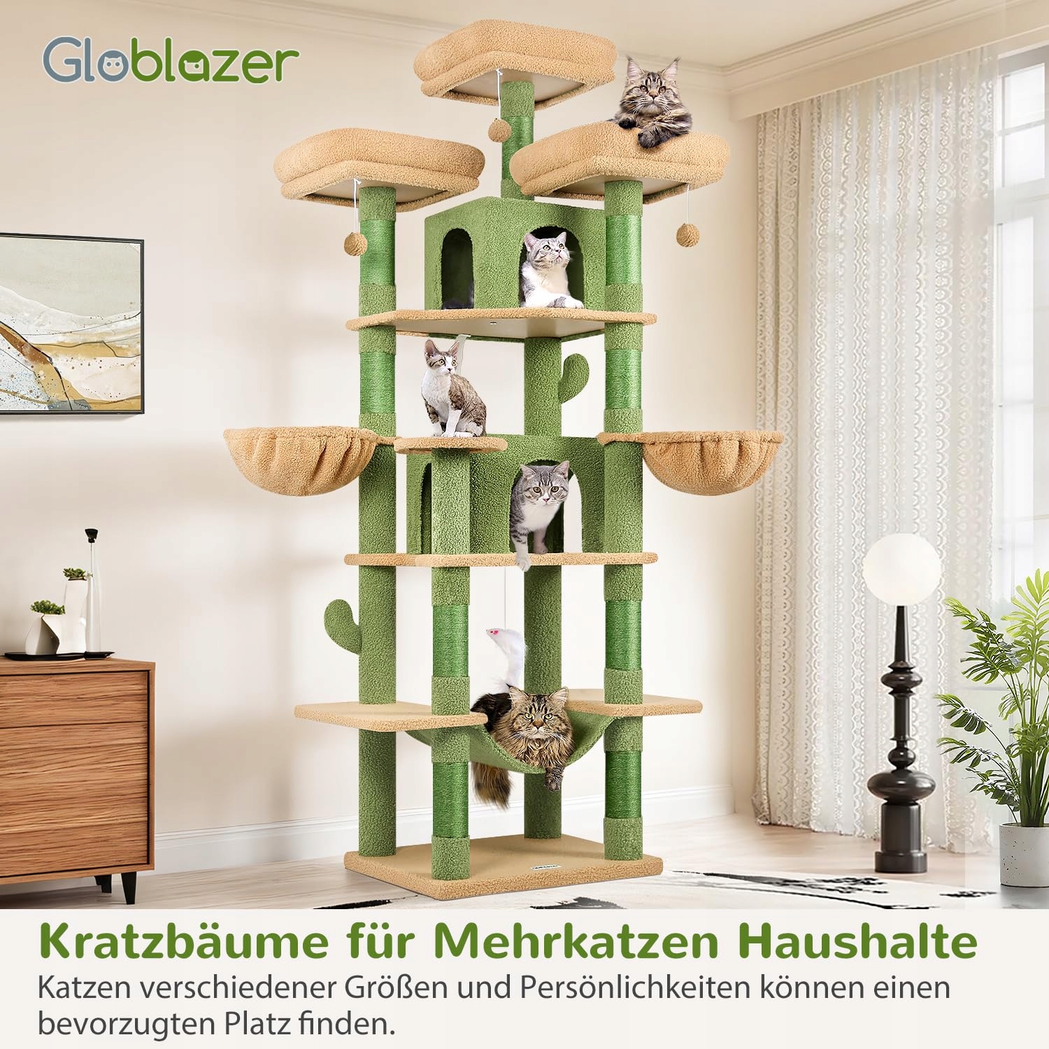 GLOBLAZER Drapak Kaktus Zielony XXL 203 cm 3 Legowiska 2 Domki 2 Kosze — miniatura 7
