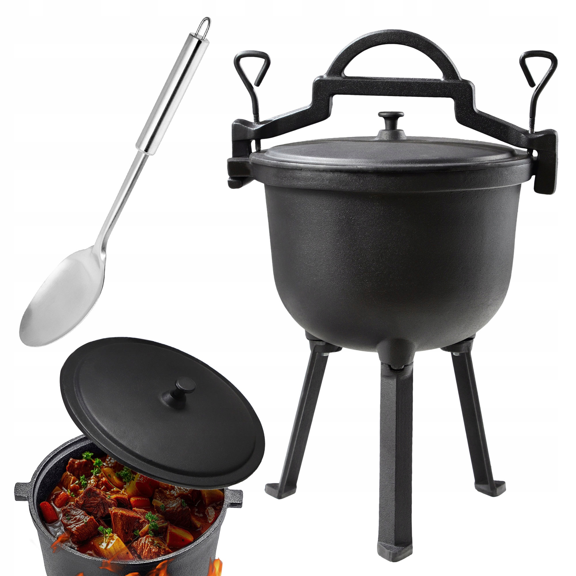 KOCIOŁEK ŻELIWNY MYŚLIWSKI 8L PIECZONKI NA OGNISKO GRILL + ŁYŻKA GRATIS