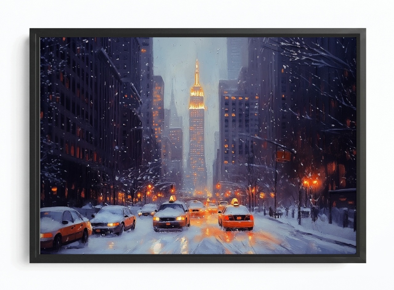 Obraz Rám Americký Box Město New York Ulice Zima Sníh Večer 120x80