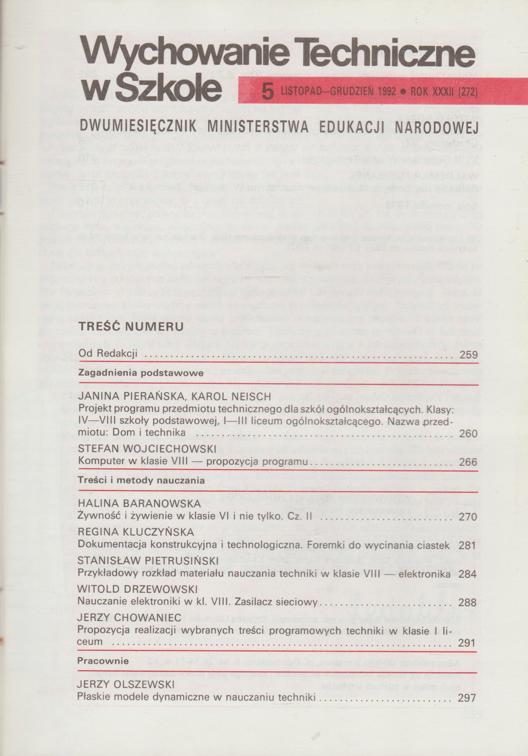 WYCHOWANIE TECHNICZNE W SZKOLE 5/1992 Przedmiot Informatyka, Technika