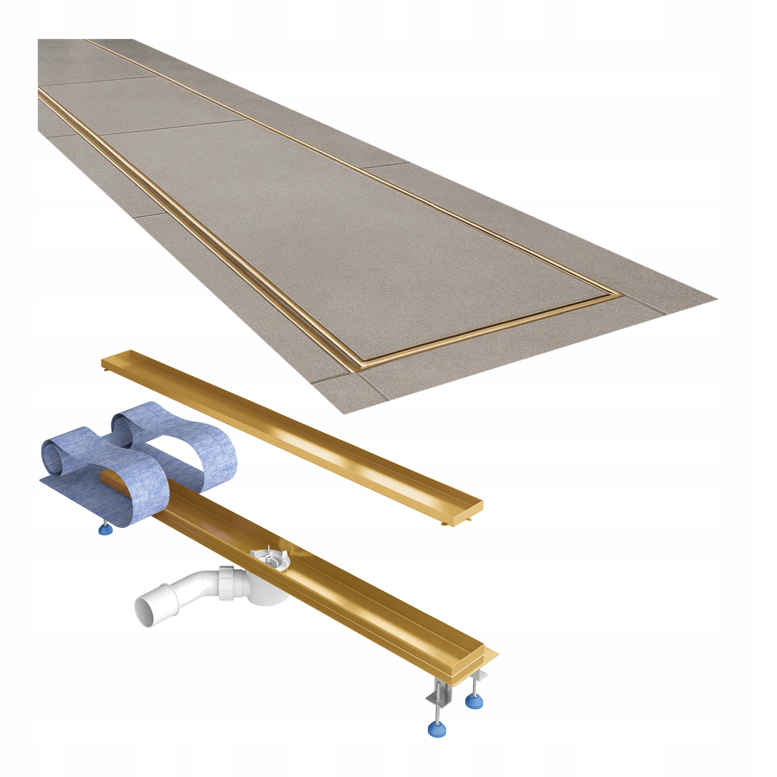Lineární odtok 100 cm zlatý saténový pod dlažbu Mc Alpine, sada Waterway