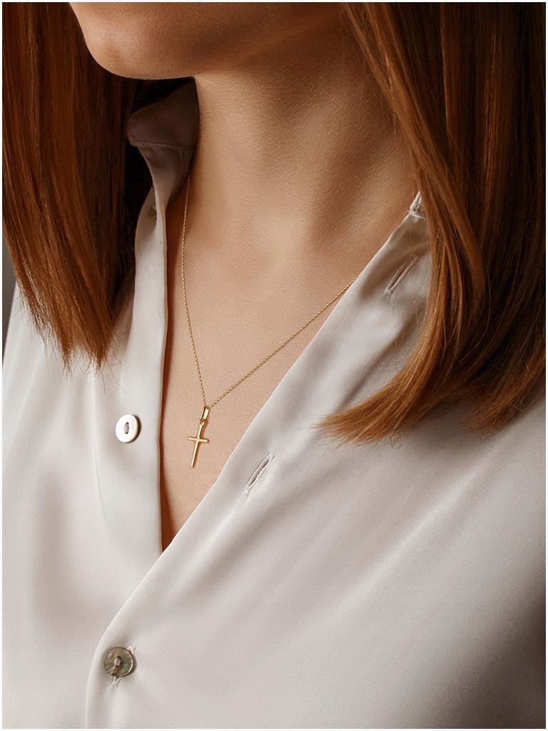 złoty komplet 585 gładki krzyżyk i łańcuszek Zestaw Chrzest Komunia GRAWER Długość całkowita 45 cm