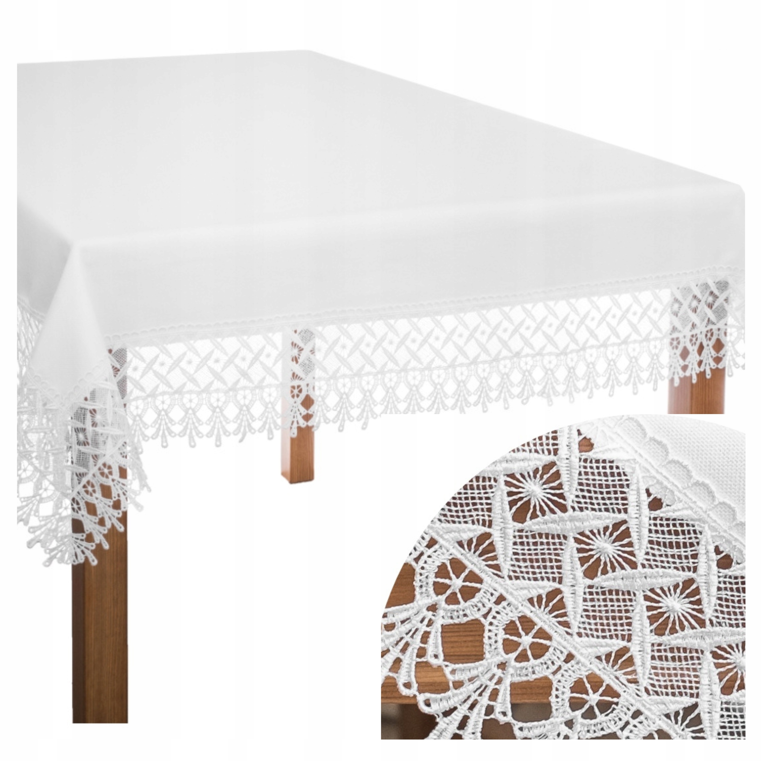 Obrus Z Gipiurą I Imitacją Lnu Biały Gładki Matowy Plamoodporny 150x360 cm