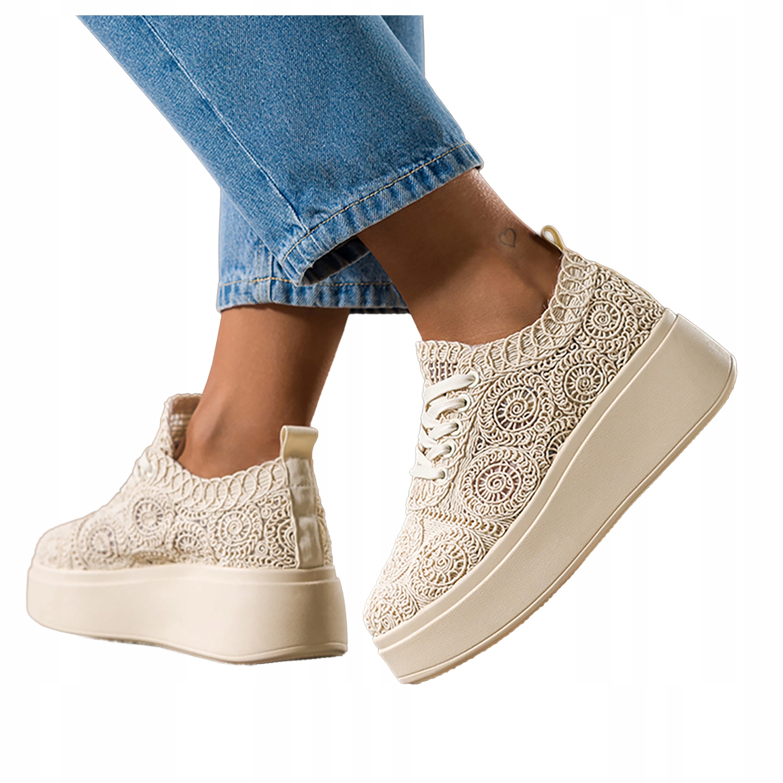 Světle béžové dámské krajkové Sneakersy Modne na platformě Creepersy, velikost 39