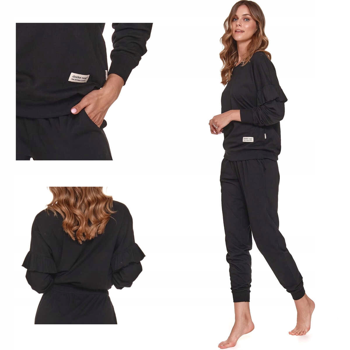 Doctor Nap Dámské bavlněné teplé pyžamo s dlouhým rukávem Pm 4351, černé, velikost XL