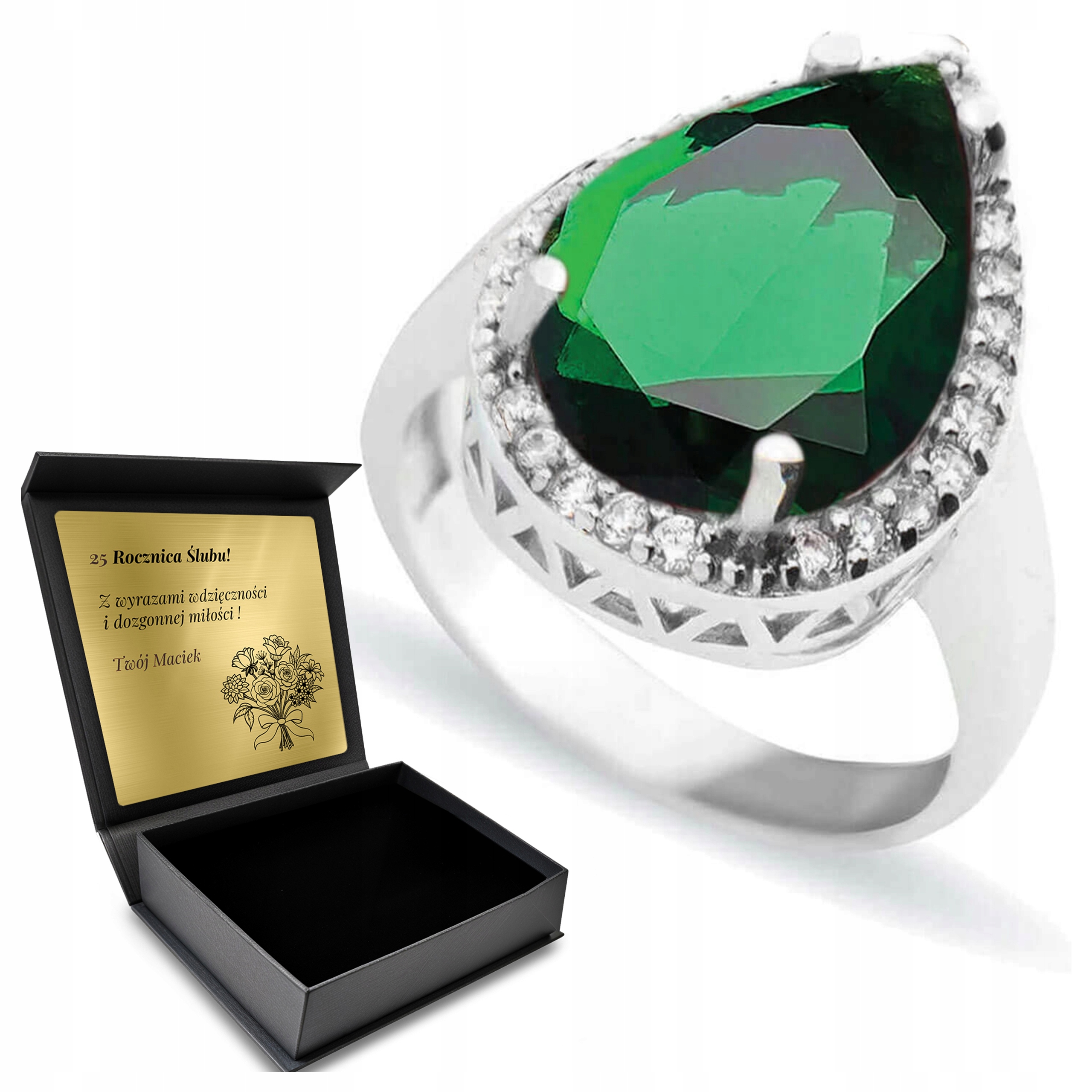 Prstýnek 925 Zirkony A Smaragd Šperky Pro Ženy Gravírování