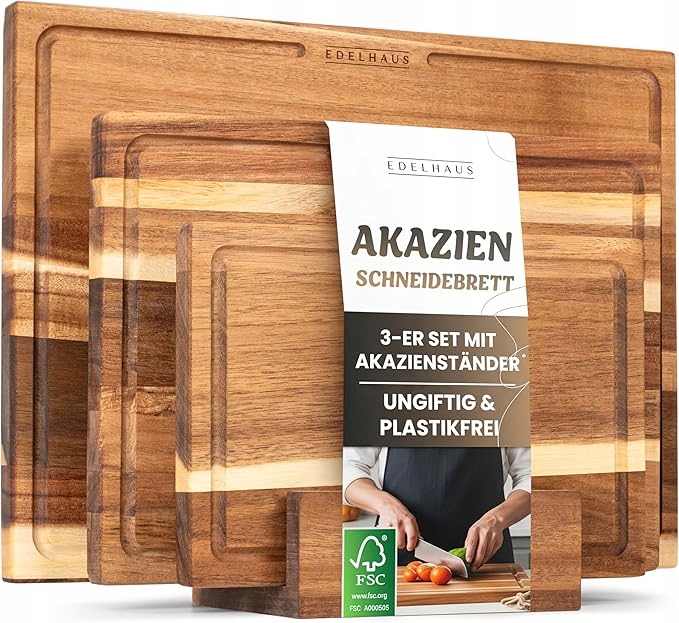 Drevená doska na krájanie, sada 3 kusov, akáciové kuchynské dosky stojan