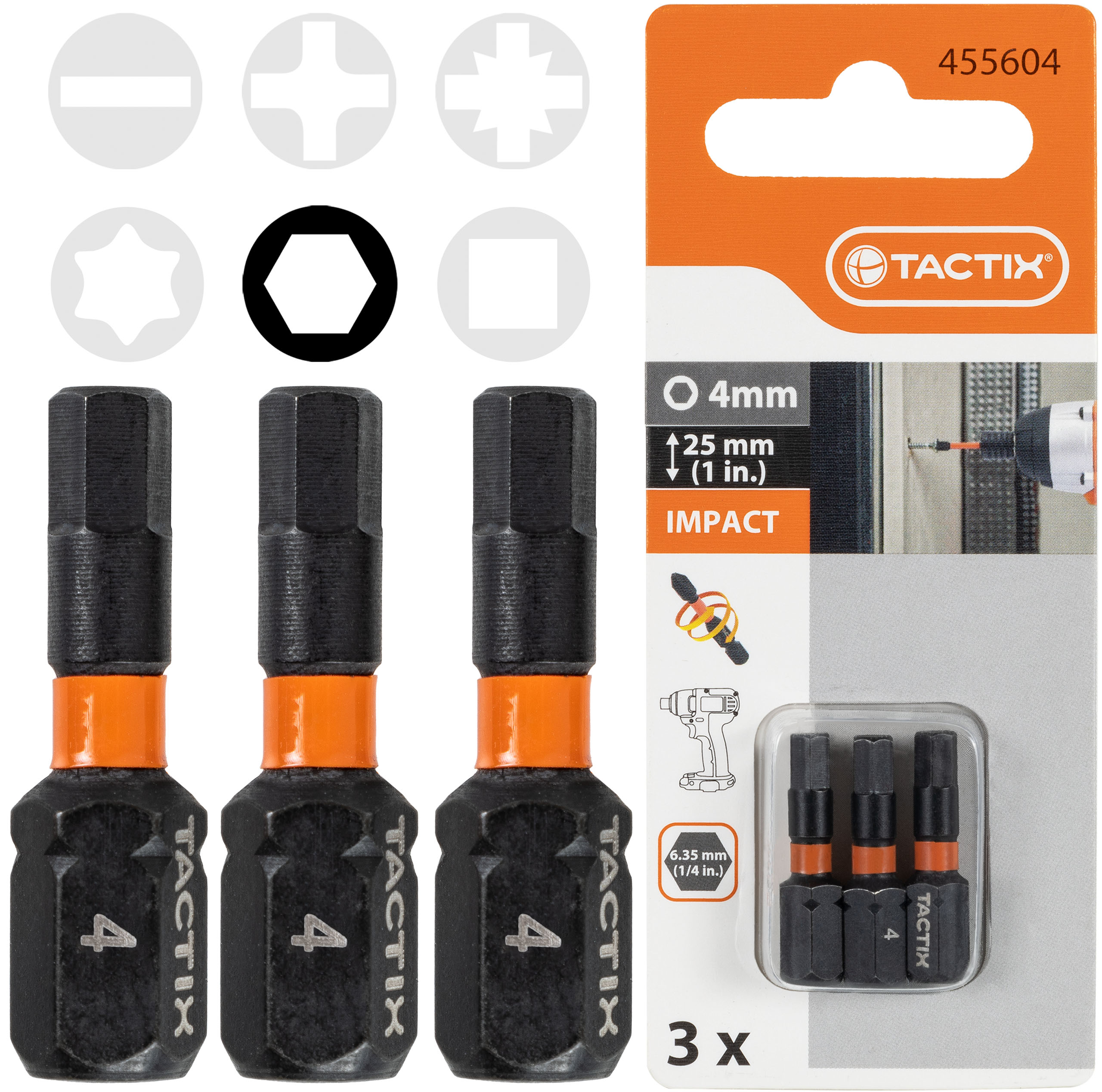 

Bit Udarowy 25mm końcówki Hex 4mm Tactix 3 szt.