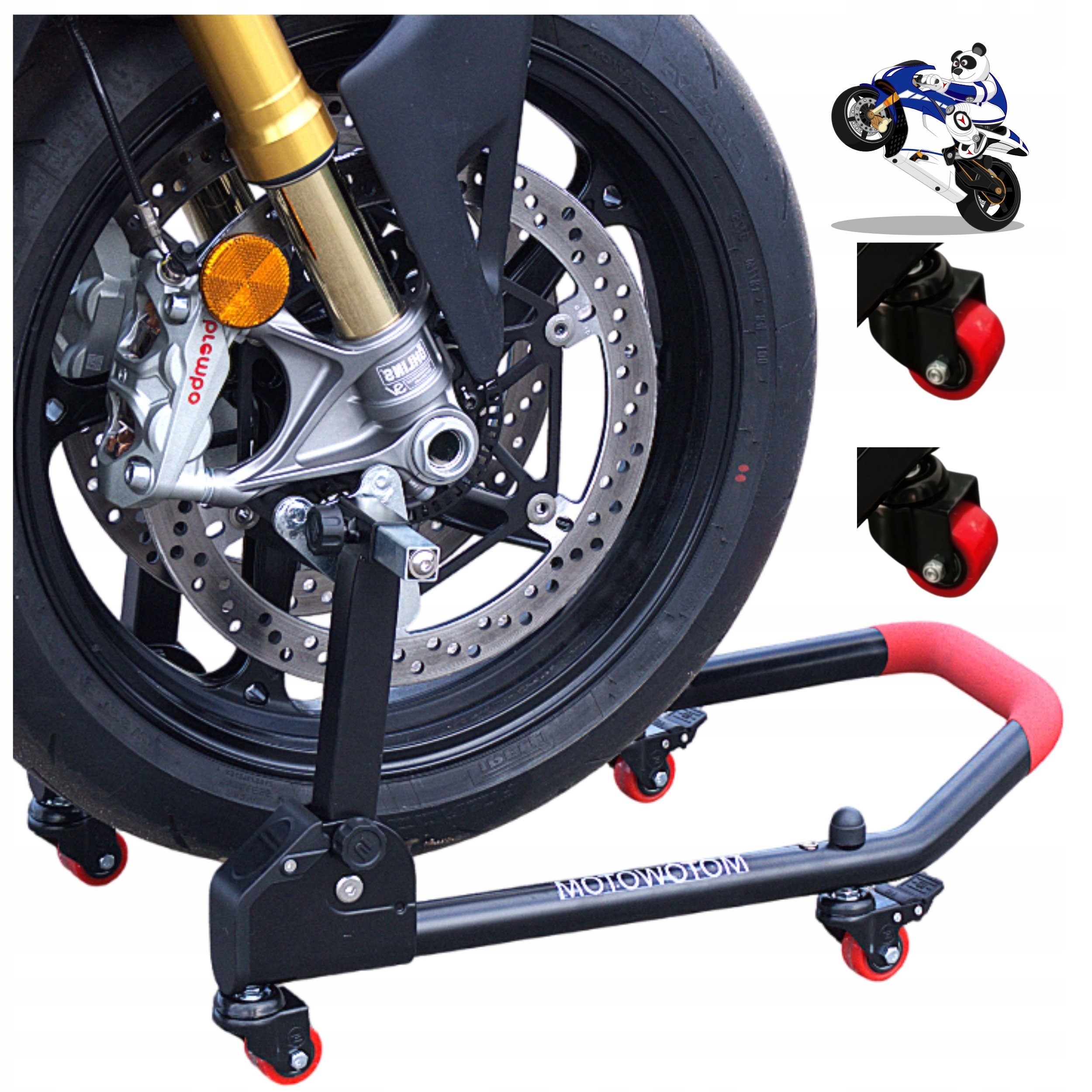 Stojan na motocykl na kolečkách, skládací na přední část pod motocykl, hever