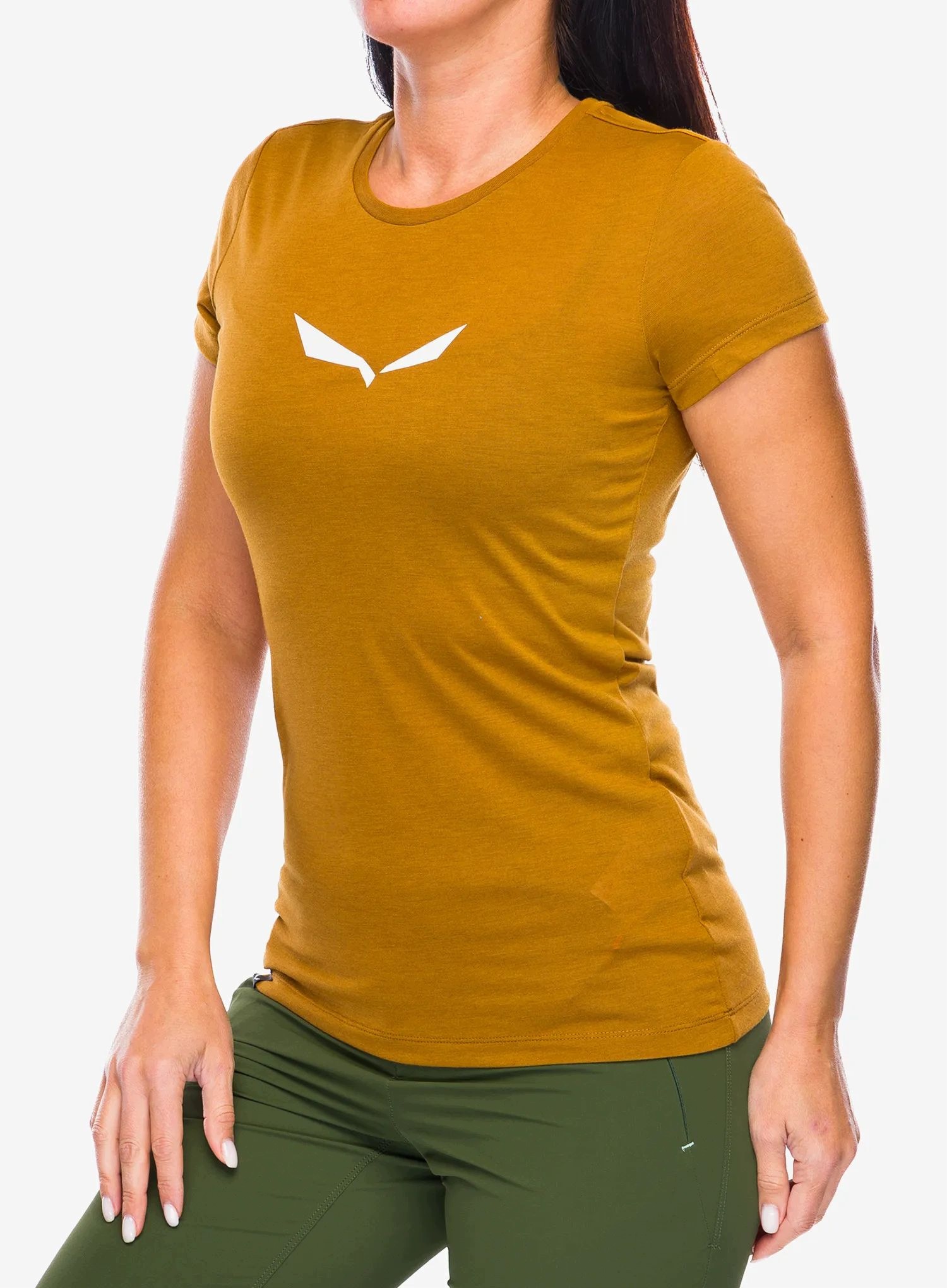 Dámské tričko Salewa Solid Dry S/s Tee zlaté a hnědé logo 32 (xxs)