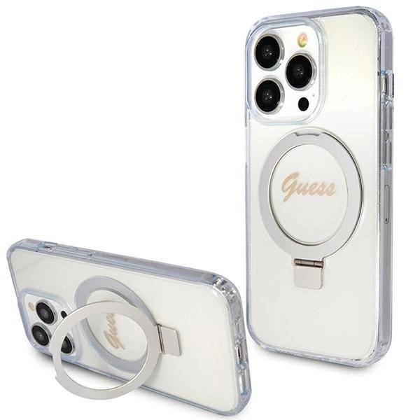 Třpytivé Guess Pouzdro Ring Stand Script pro MagSafe pro iPhone 15 Pro