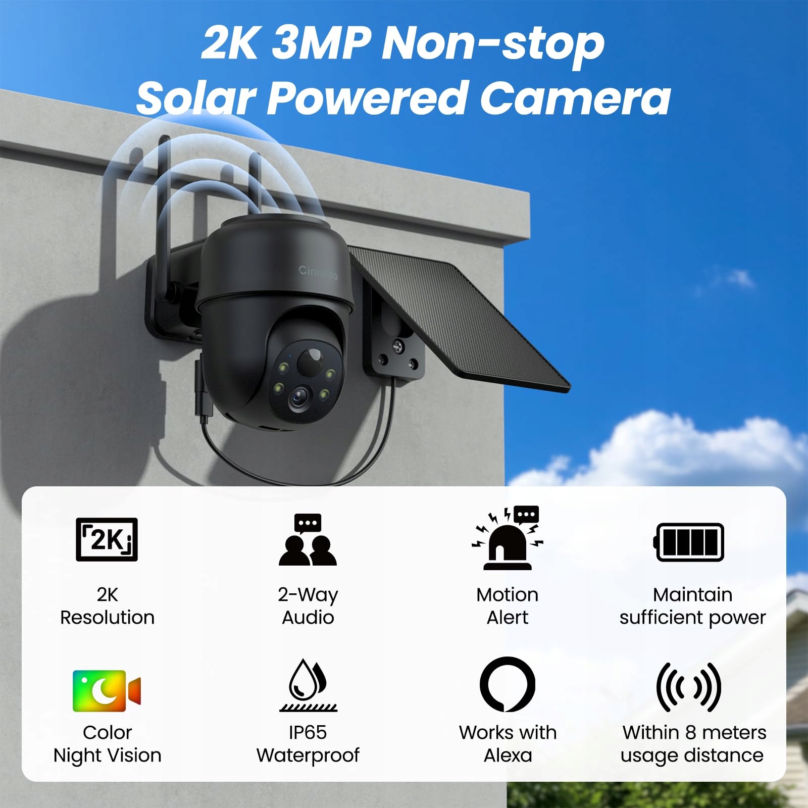 CINNADO Kamera Zewnętrzna Solar 2K Bezprzewodowa 360 Stopni IP65 Audio — miniatura 2