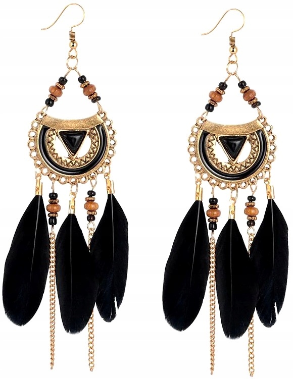 

Wiszące Kolczyki długie pióra boho orientalne Gold