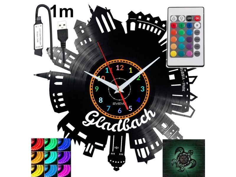Gladbach Nástěnné podsvícené Led hodiny Rgb na dálkové ovládání Vinylová deska Novocz
