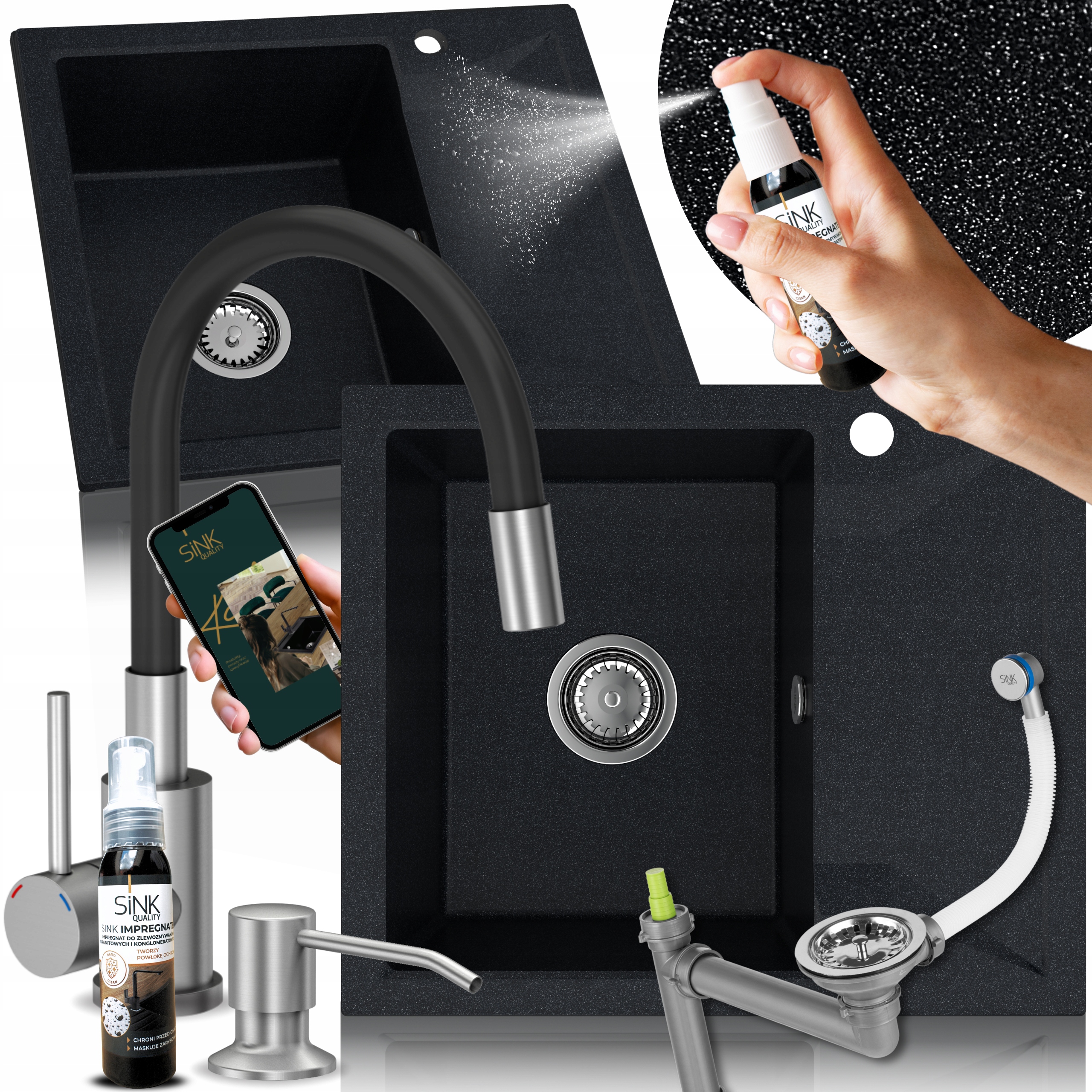 Granitový Dřez Jednokomorový Odkapávač Baterie Dávkovač Černý Kov