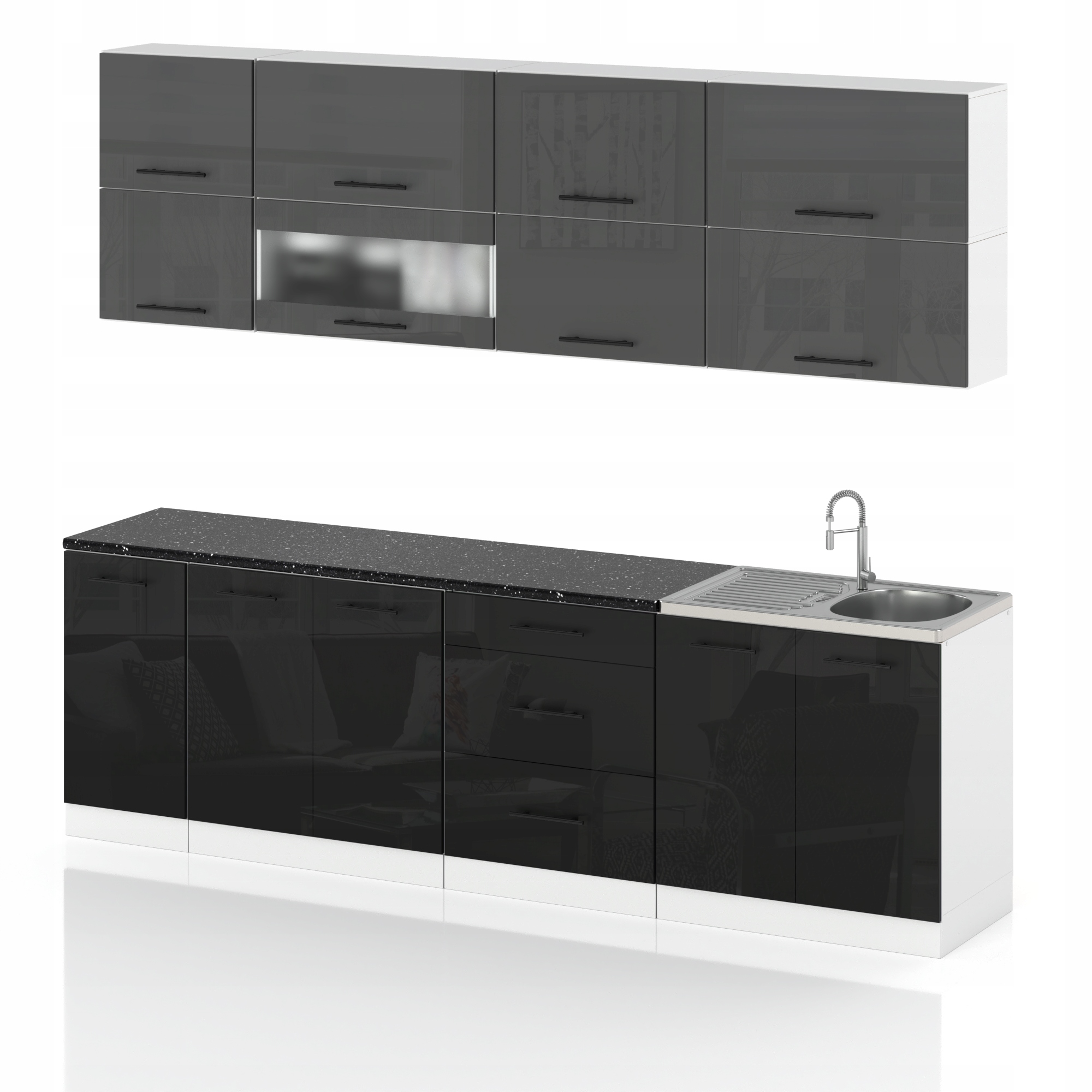 MEBLE KUCHENNE KUCHNIA SZAFKI MODUŁOWE 2,6M RICO CZARNY POŁYSK SZARY POŁYSK