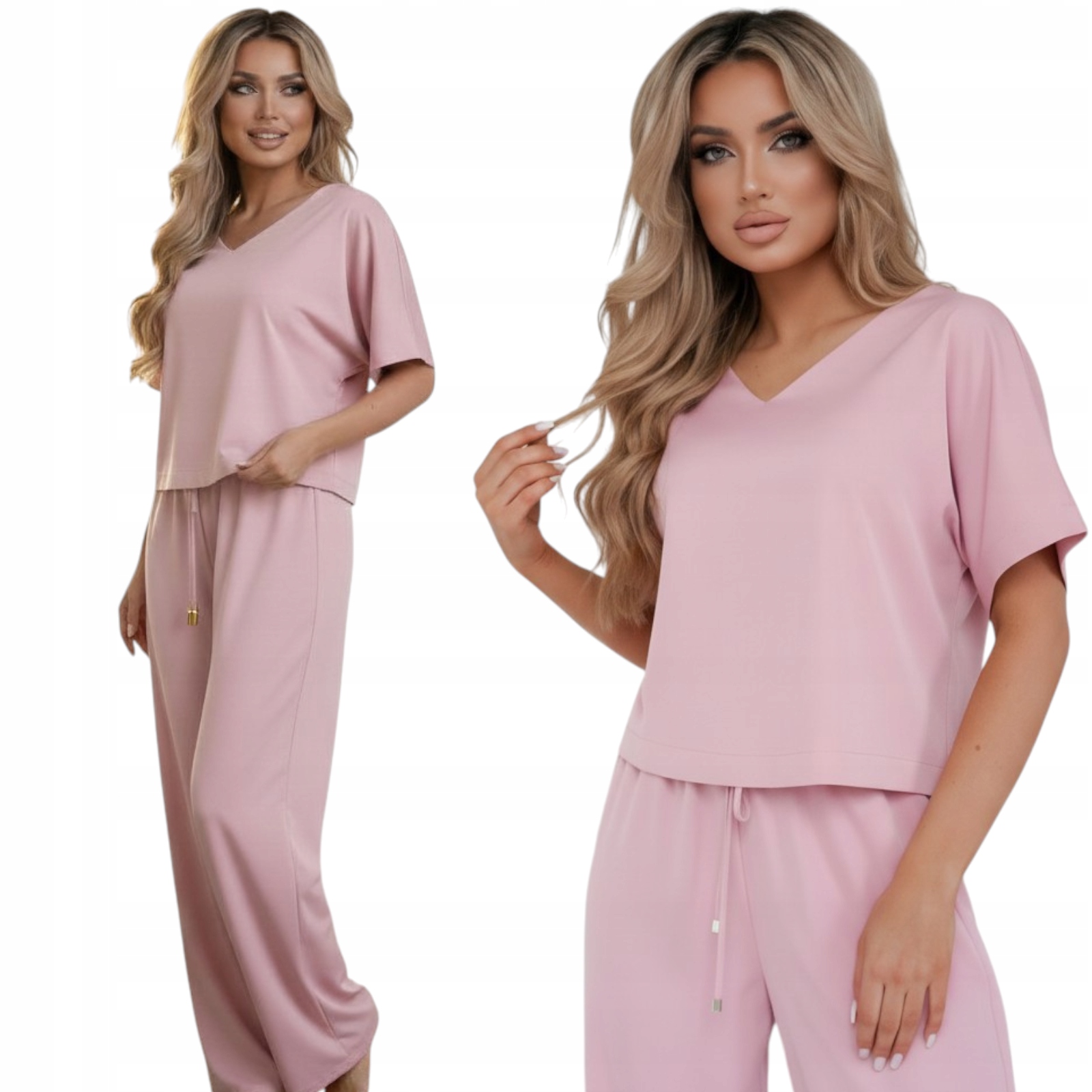 Dámský elegantní saténový komplet Polská Výroba Košile Kalhoty Růžová XL