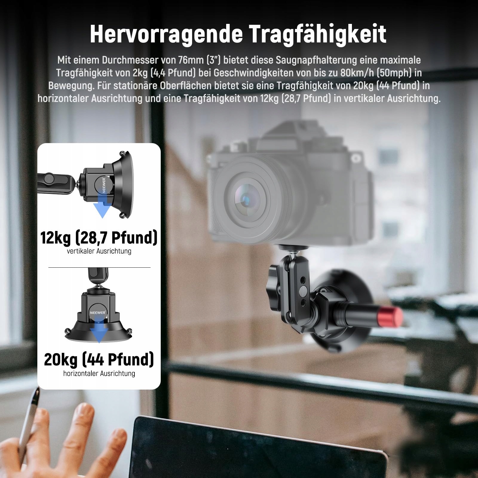 NEEWER Uchwyt Kamery 3" Z Przyssawką Magic Arm i Adapterem GoPro — miniatura 3