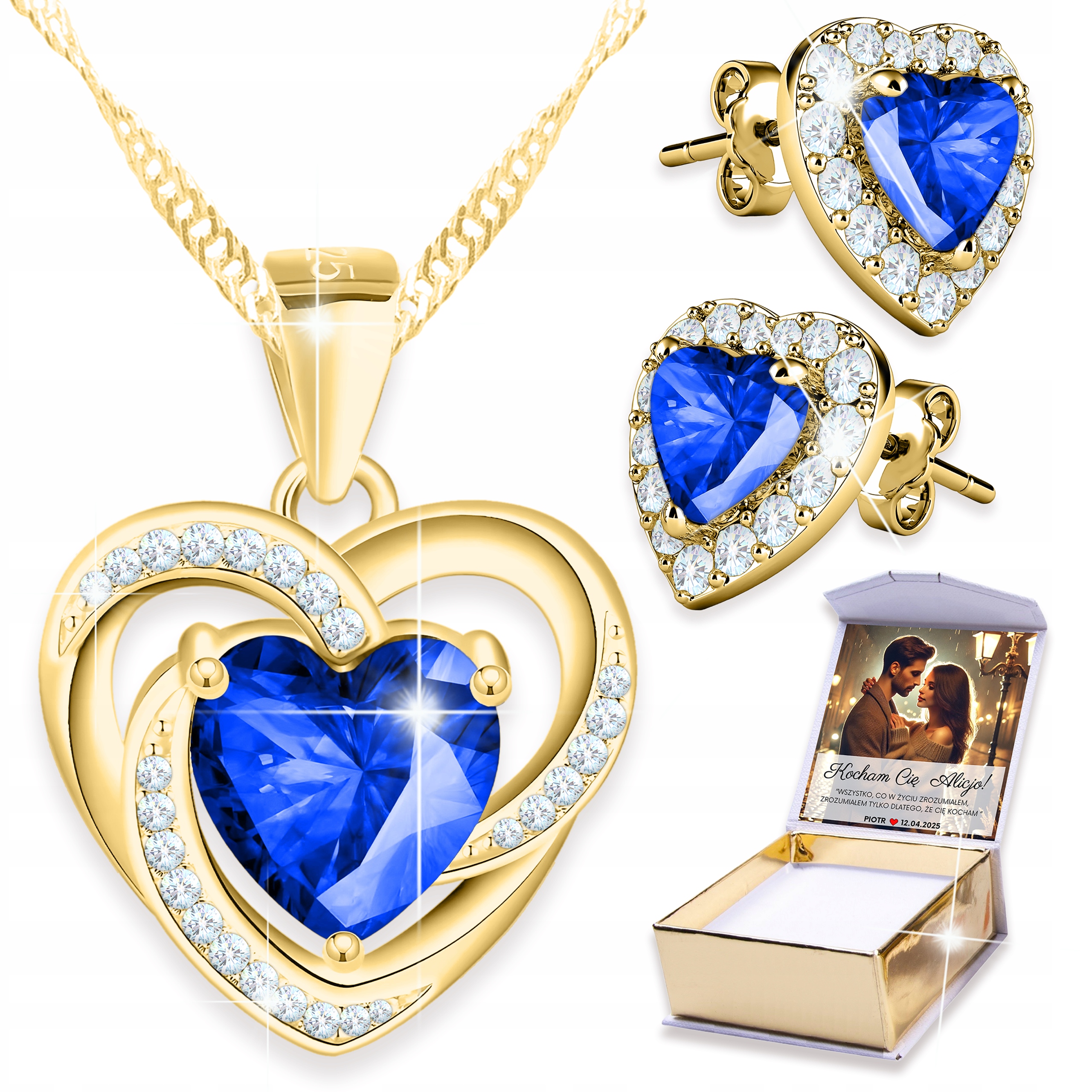 Komplet zlatých šperků 925 Náhrdelník a Náušnice Modré srdce Potisk