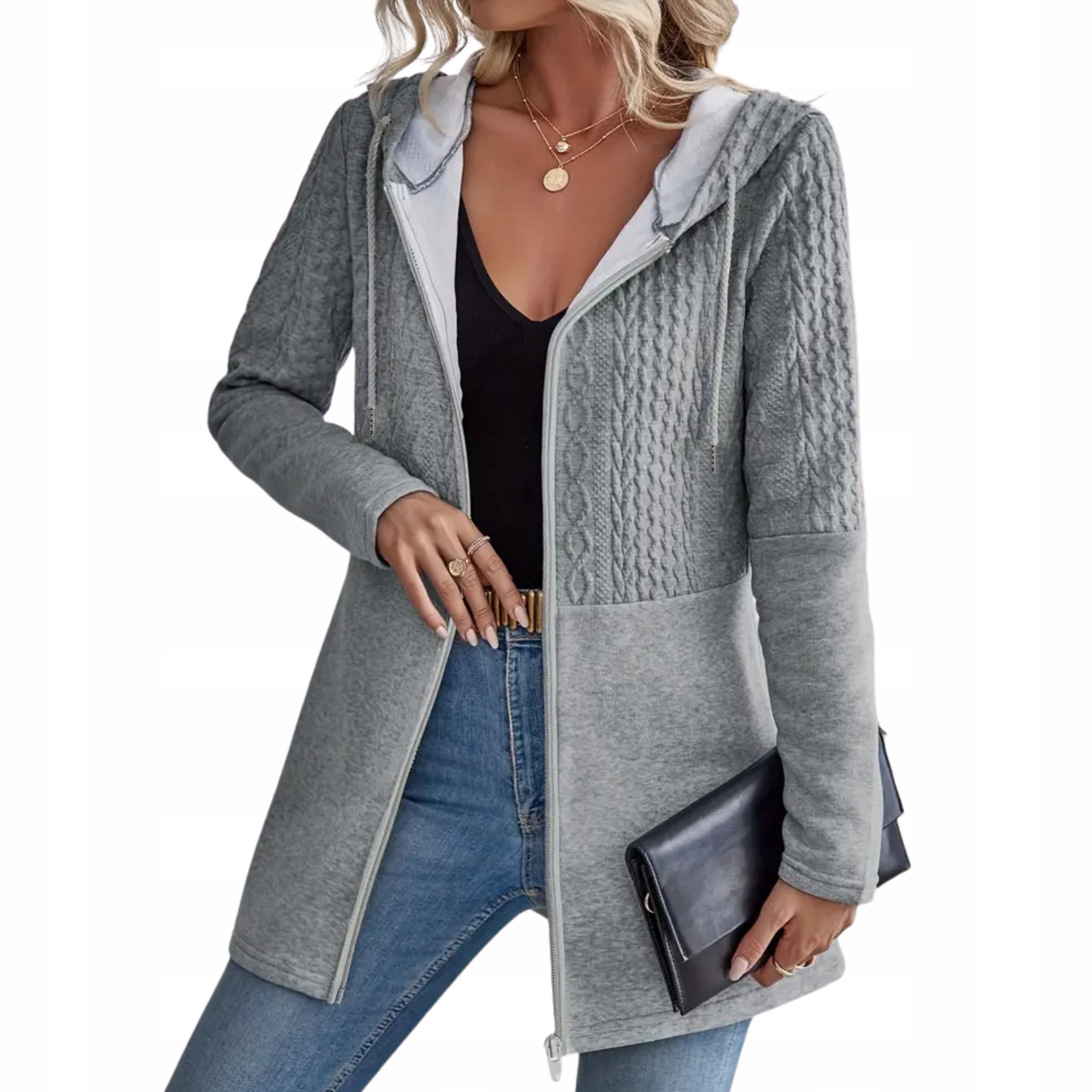 Długa dzianinowa bluza damska z kapturem na zamek ciepły kardigan sweter