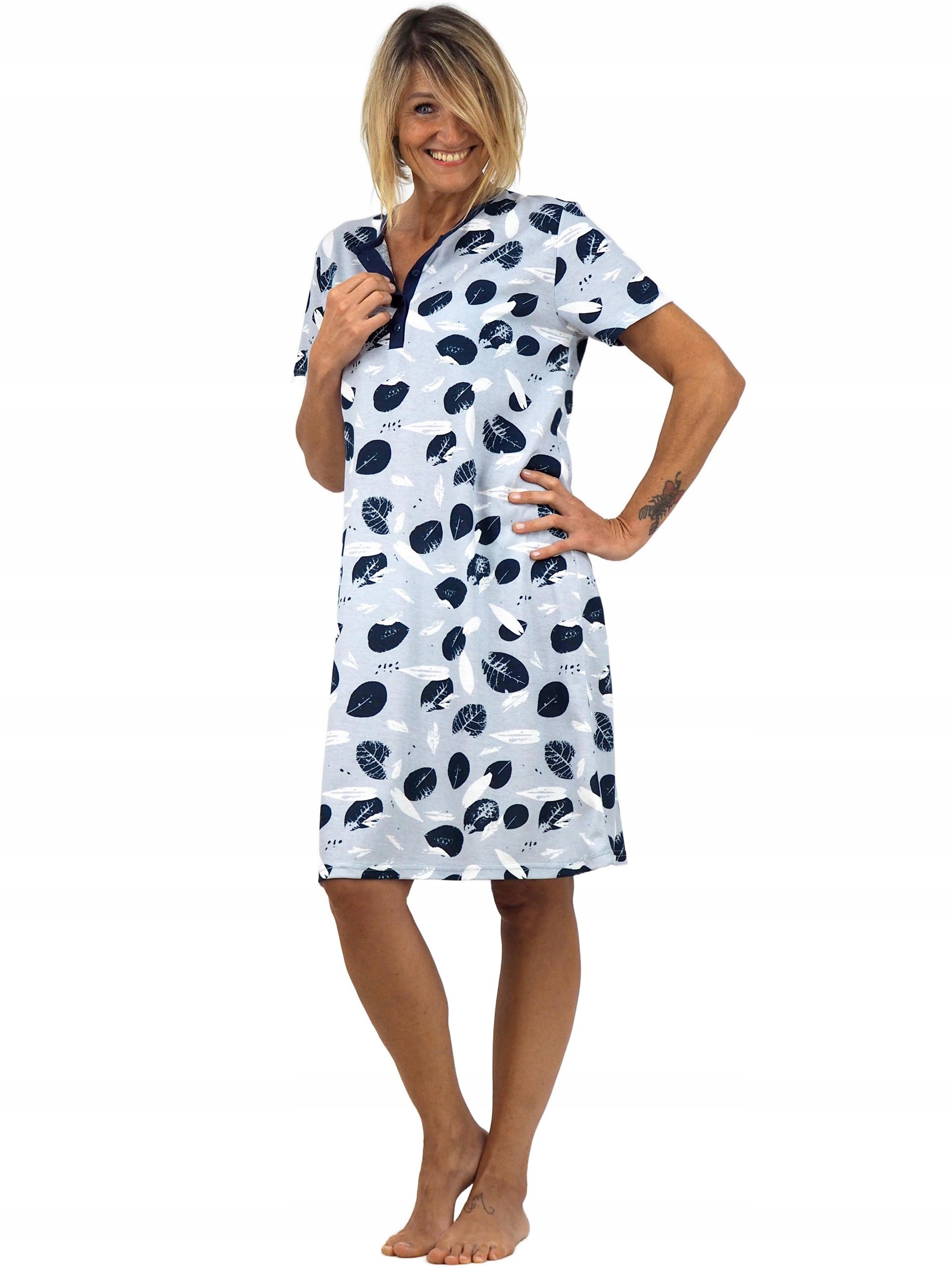 KOSZULA NOCNA piżama tunika rozpinana z dekoltem zapinanym na 4 guziki 2XL Model 4 guziki / szara / liście