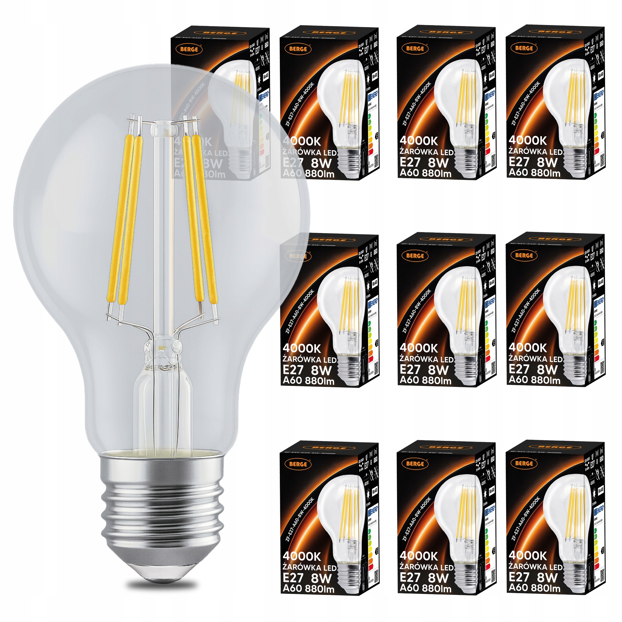 Led žárovka E27 A60 8W 75W 880lm 4000K Neutrální Filament Loft Sada 10x