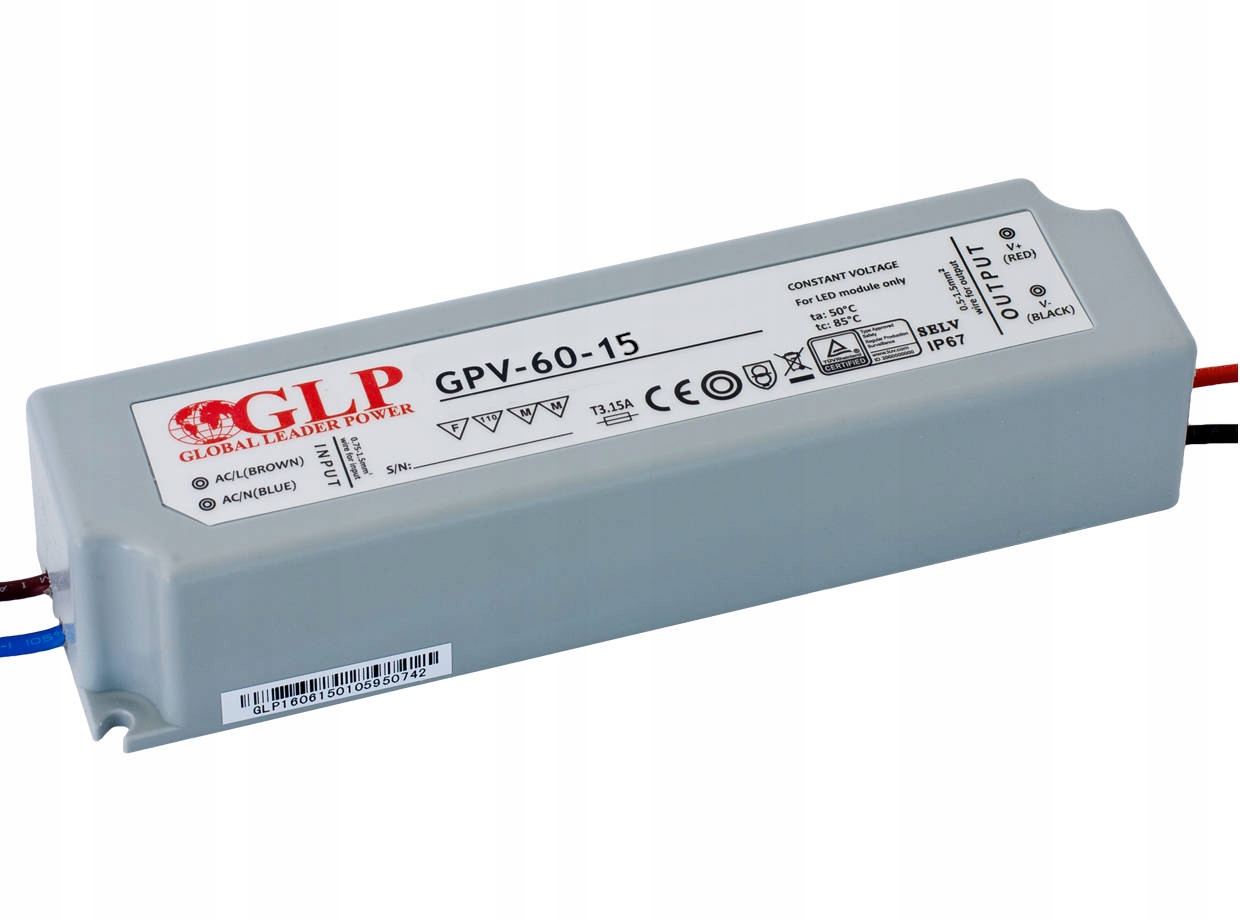 Zasilacz 15V/4A, CV, non-PFC, IP67 plastic GPV-60-15