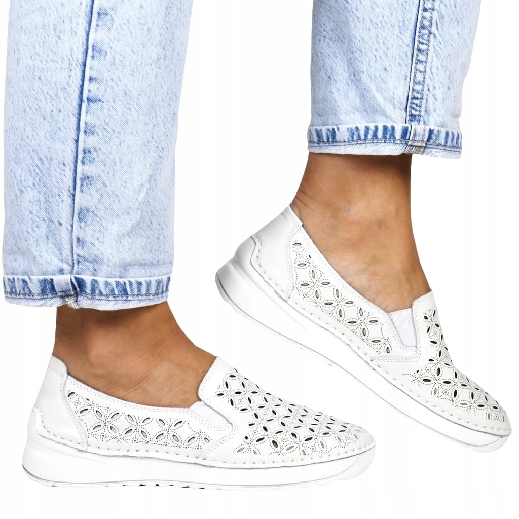 Bílé Ažurové Kožené Polobotky Pohodlné, Měkká Kůže, Lehké Na Procházky