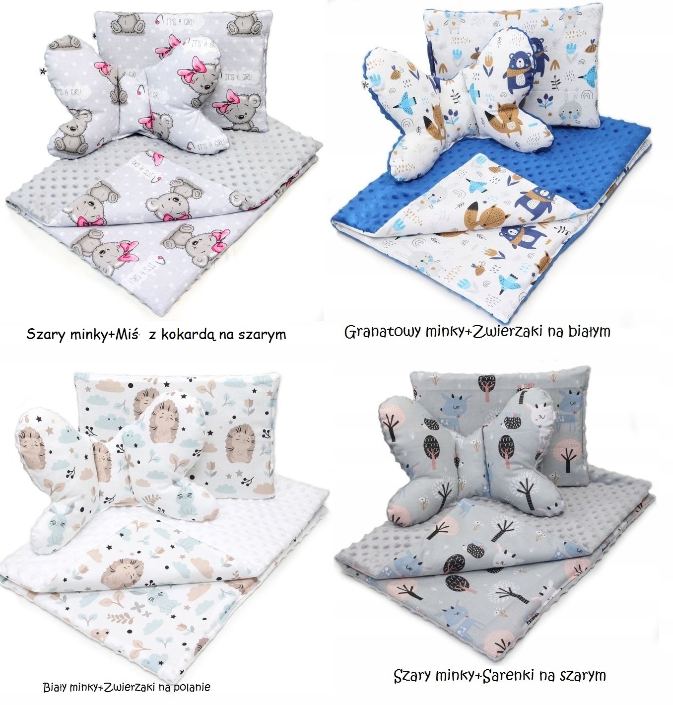 ZESTAW MINKY 3W1 KOCYK PODUSZKA MOTYLEK DO WÓZKA NOSIDEŁKA KOŁYSKI GONDOLI Liczba elementów 3 szt.