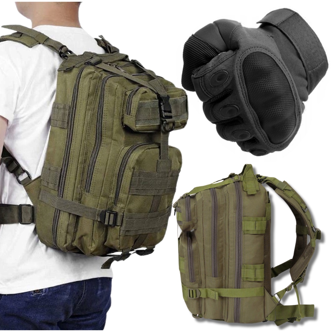 Zestaw Podróżny 2w1 Plecak Khaki Sportowy 35L Rękawice Ochronne Czarne r. L Rozmiar L