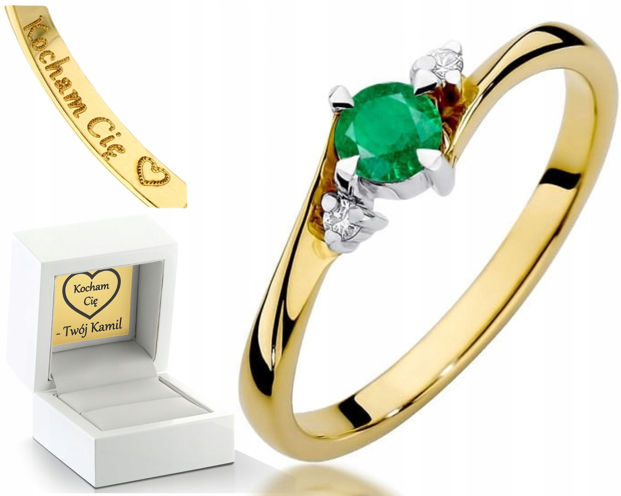 Zásnubní Prstýnek S Brilianty Smaragd Žluté Zlato Gravírování 585 Bonus