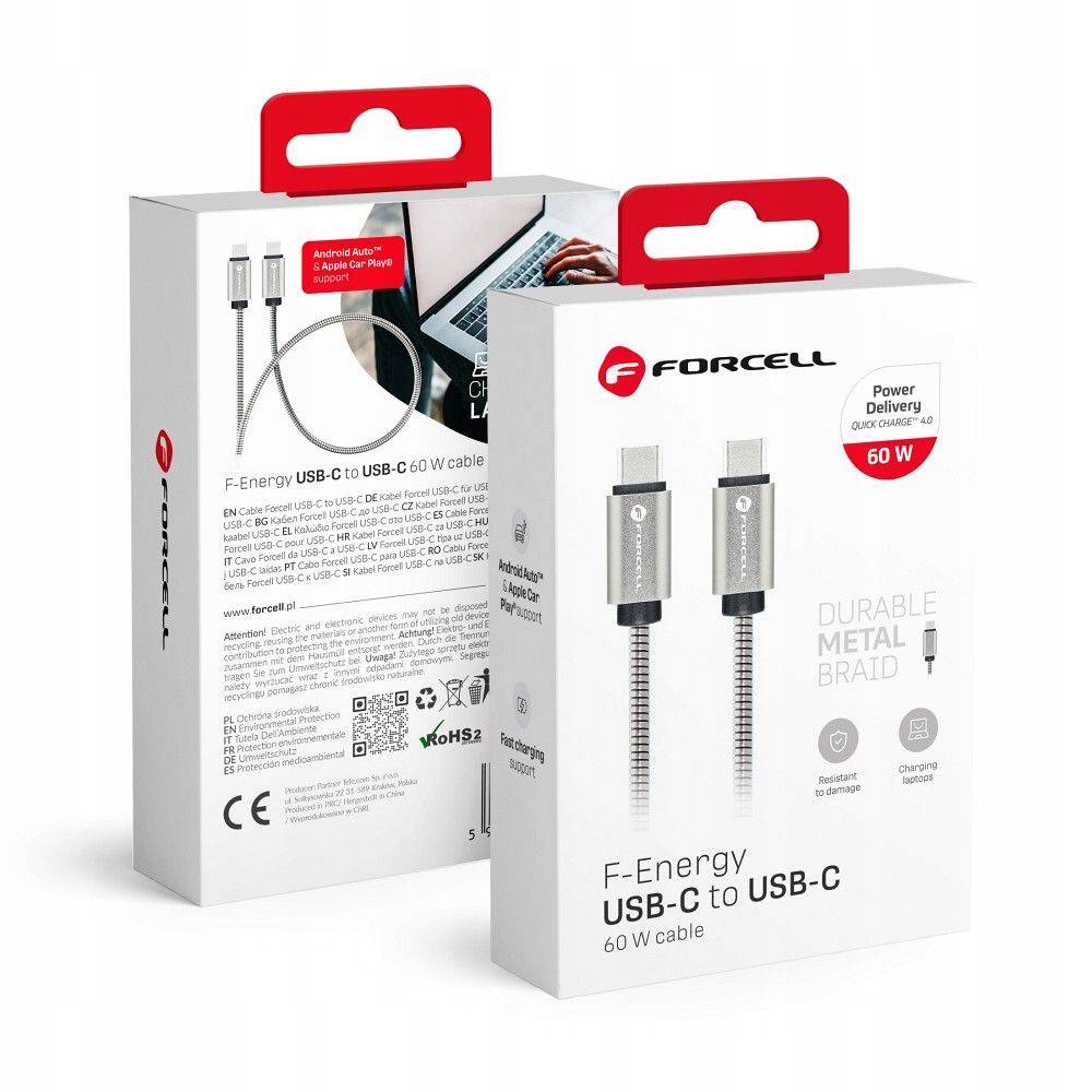 Forcell Kabel Typ C Do Typ C Qc4.0 3A/20V Pd 60W Metal C237 1M Srebrny