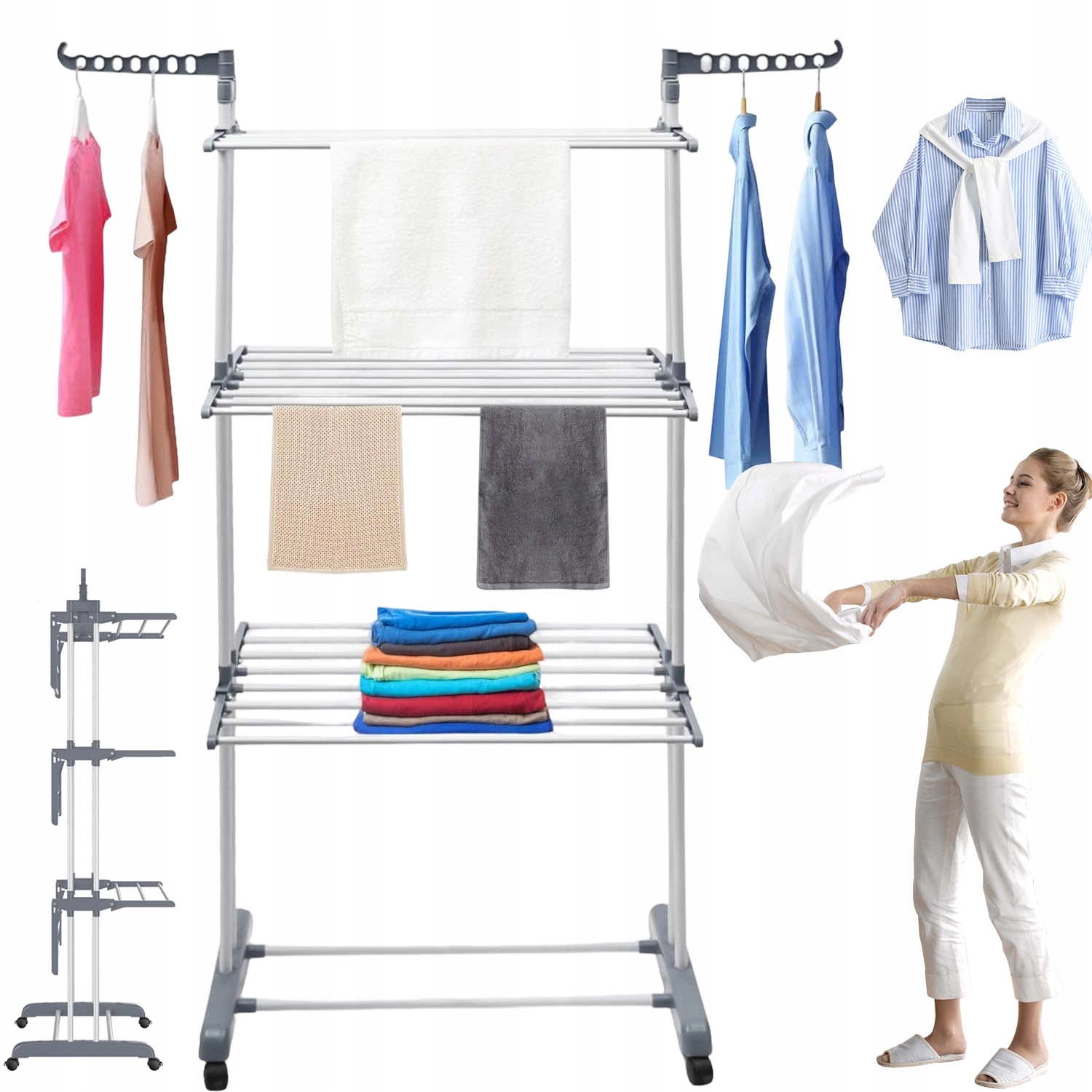 Levně Volně Stojící Stojan Na Oblečení 4ÚROVŇOVÝ Stojan Na Prádlo S Kolečky