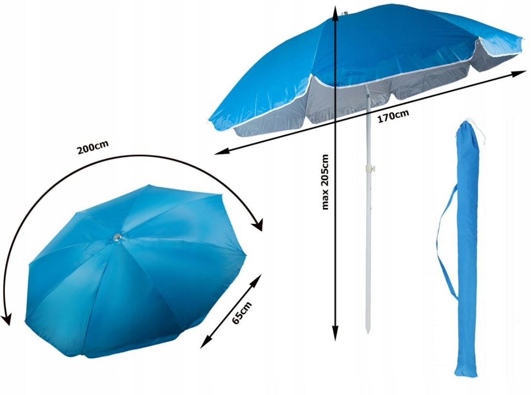 DUŻY PARASOL PLAŻOWY OGRODOWY FILTR UV ŁAMANY SKŁADANY POKROWIEC 170cm Średnica 200 cm