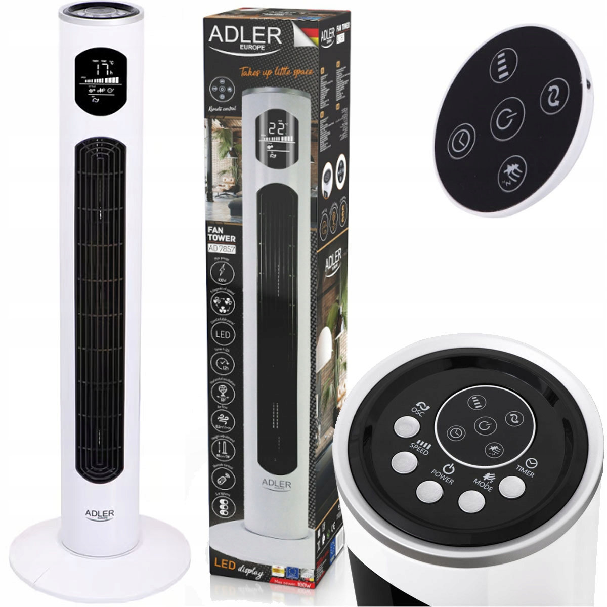 WENTYLATOR KOLUMNOWY PODŁOGOWY Z PILOTEM ADLER WYŚWIETLACZ LED AD 7857