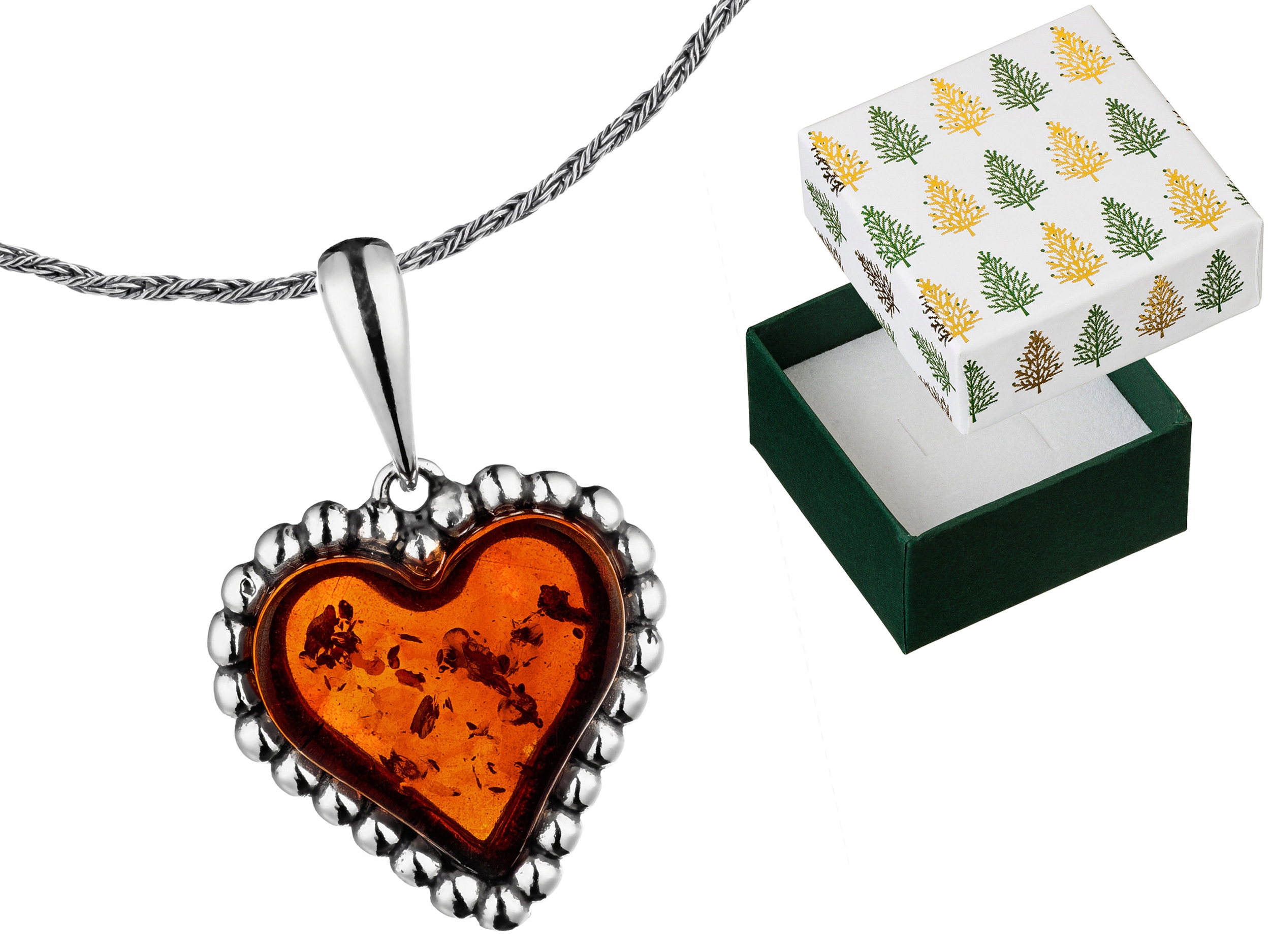 Stříbrný náhrdelník Srdce s jantarem Krásné srdíčko Jantar Stříbro 90 cm