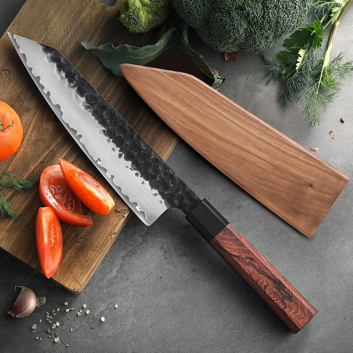 HEZHEN Profesjonalny Nóż Kiritsuke 21,5CM Stal Japońska Uchwyt Redwood — miniatura 8