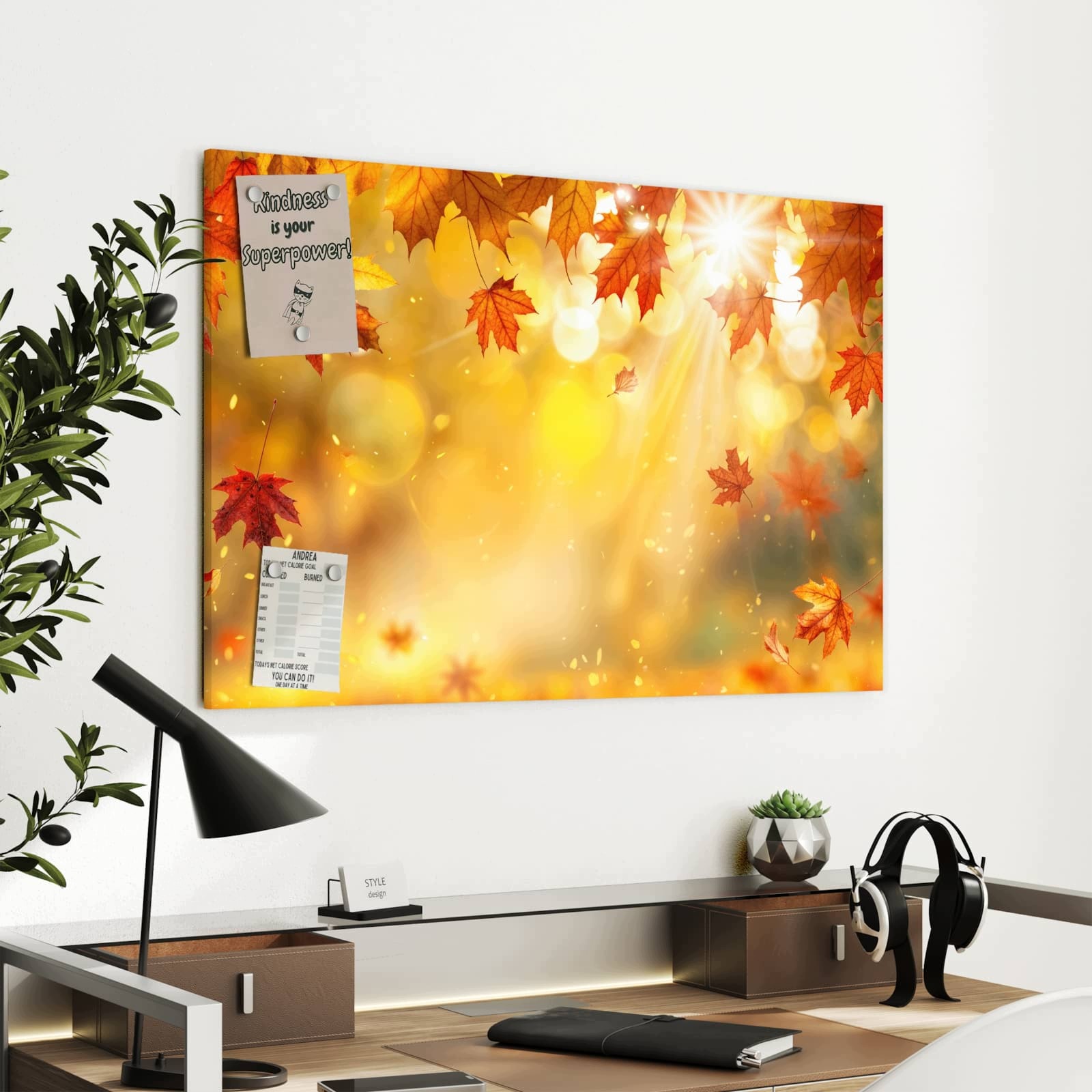 Magnetická tabule Podzimní listy Slunce 90 × 60 cm