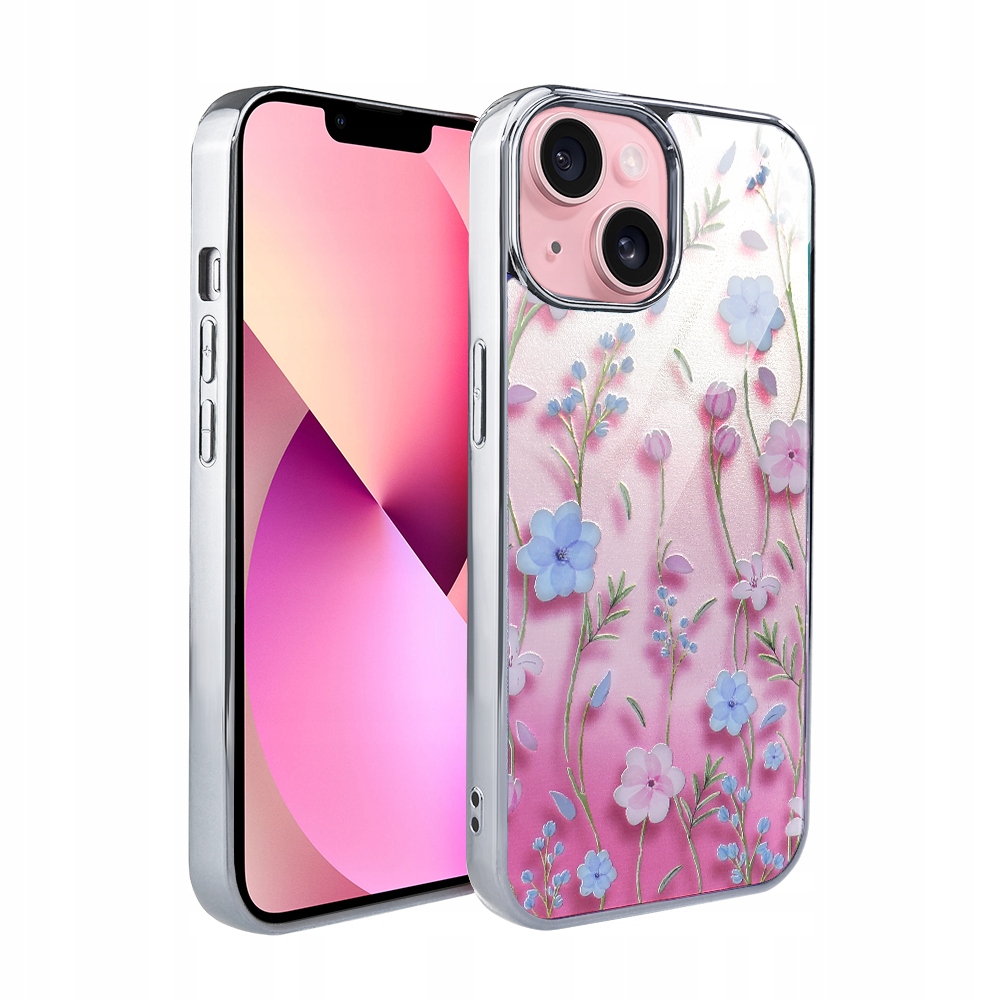 Pouzdro pro iPhone 15 Ibizu Elite Glass 3D, skleněná zadní strana, letní květy, stříbrné