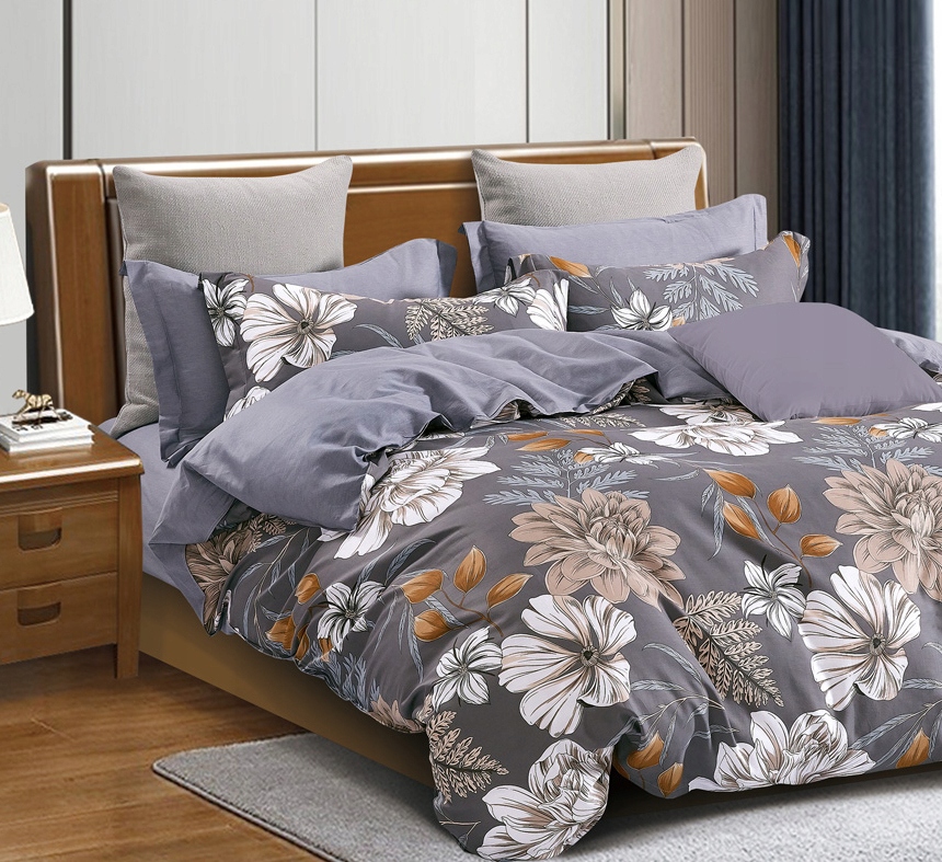 Tmavě šedé povlečení s květinovým vzorem 160x200 100% bavlna 4dílné s plochým prostěradlem na zip