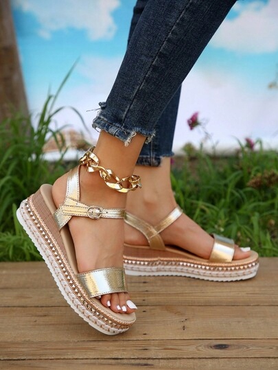 SHEIN ZŁOTE ESPADRYLE SANDAŁY NA PLATFORMIE OZDOBNE DŻETY 36 96811