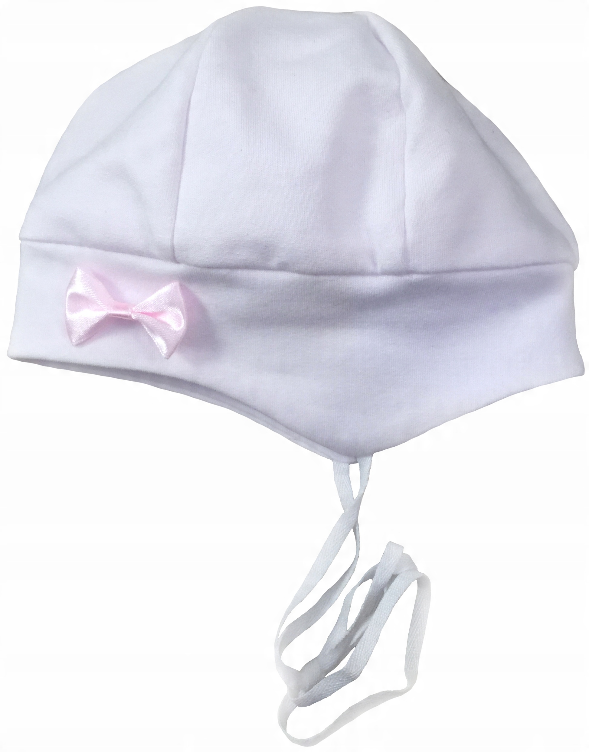 

Czapeczka wiązana biała z różową kokardą 74 cm +6m