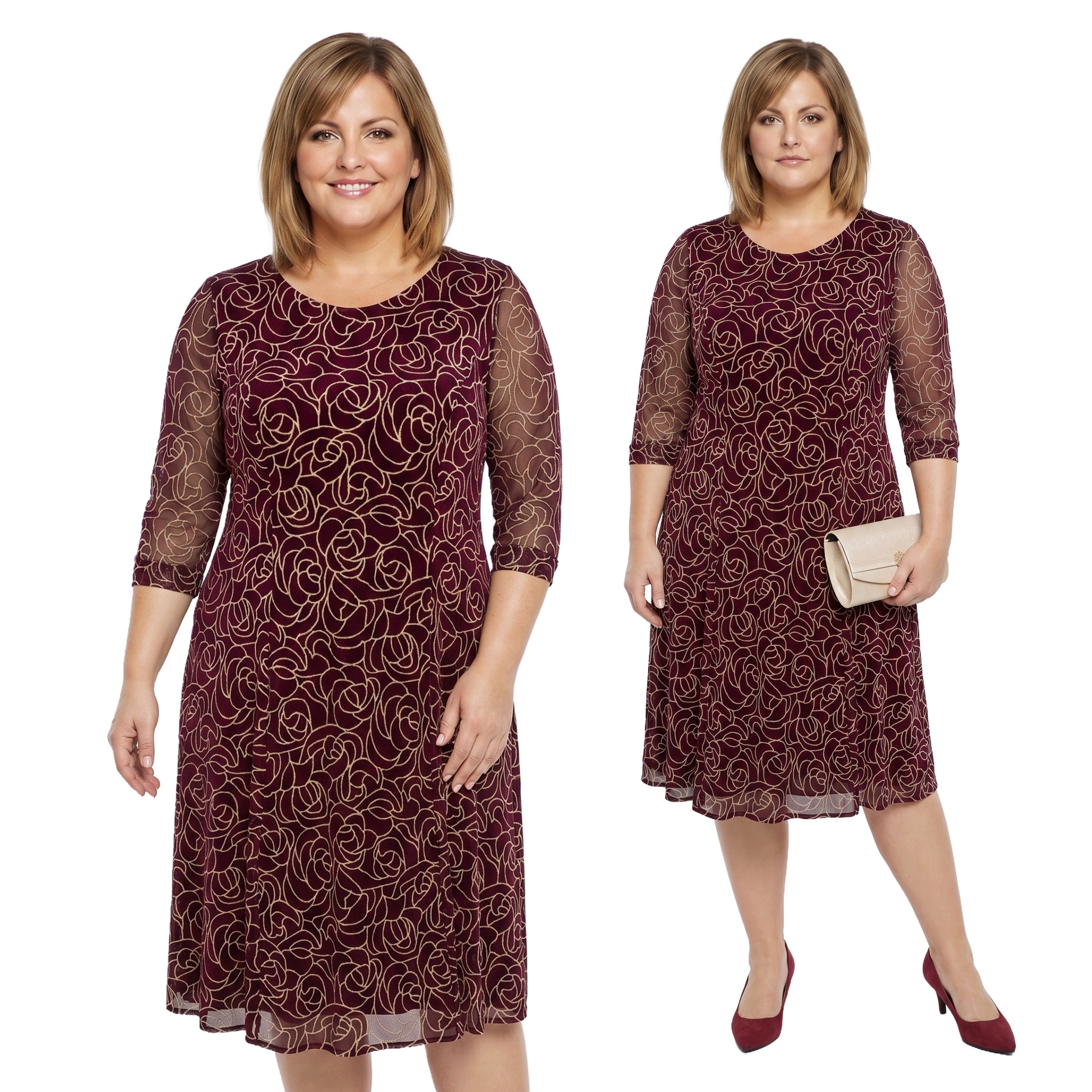 Bordó šaty zlaté růže plus size velikost 52