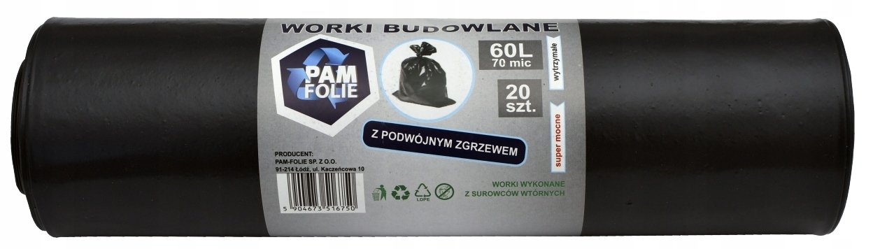 WORKI NA GRUZ na ŚMIECI Odpady 60L Mocne Budowlane Grube 20 Sztuk Pam Folie EAN (GTIN) 5904673516750