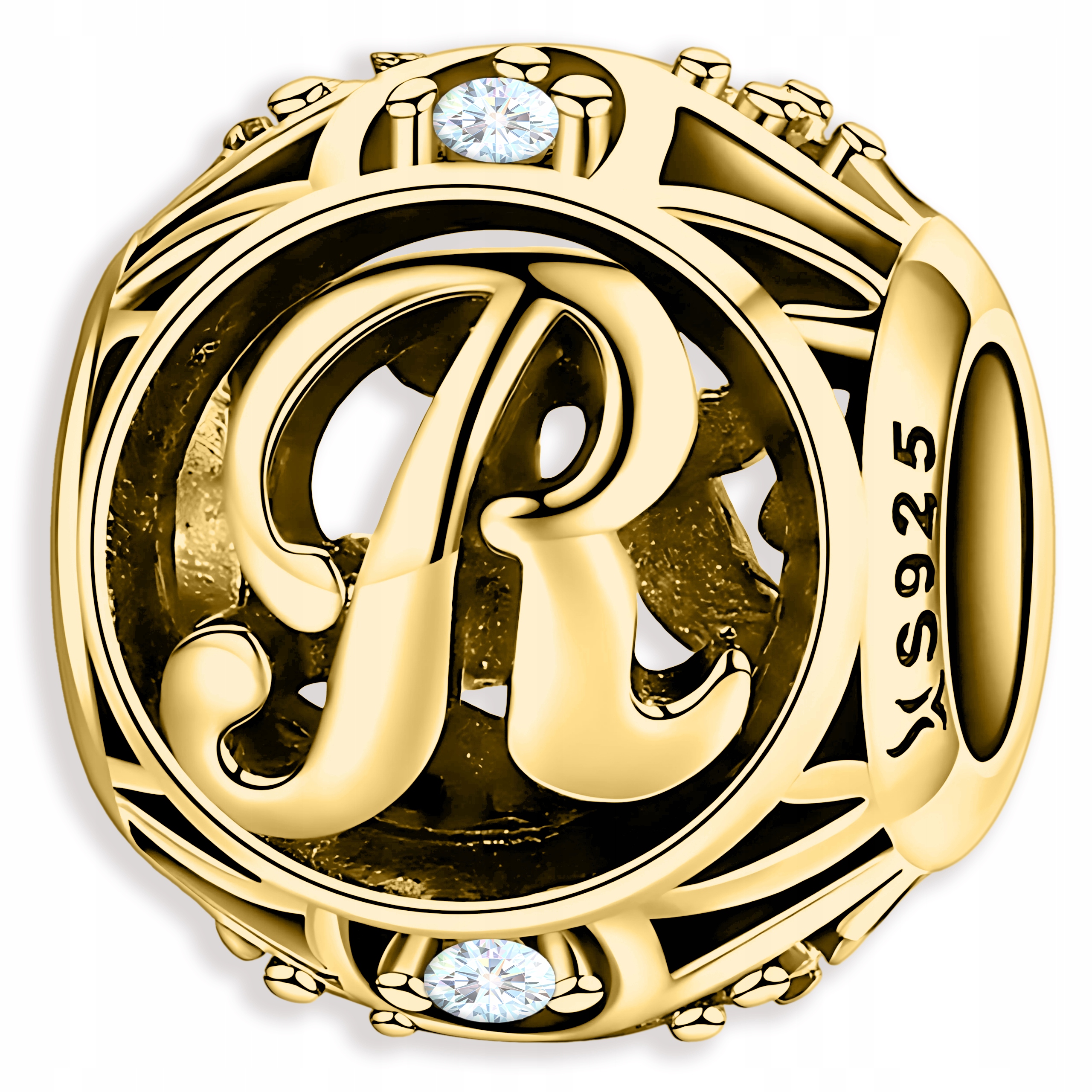 Zlatý Charms s písmenem Ażurowy Beads Korálek Iniciála Písmeno R Stříbro 925