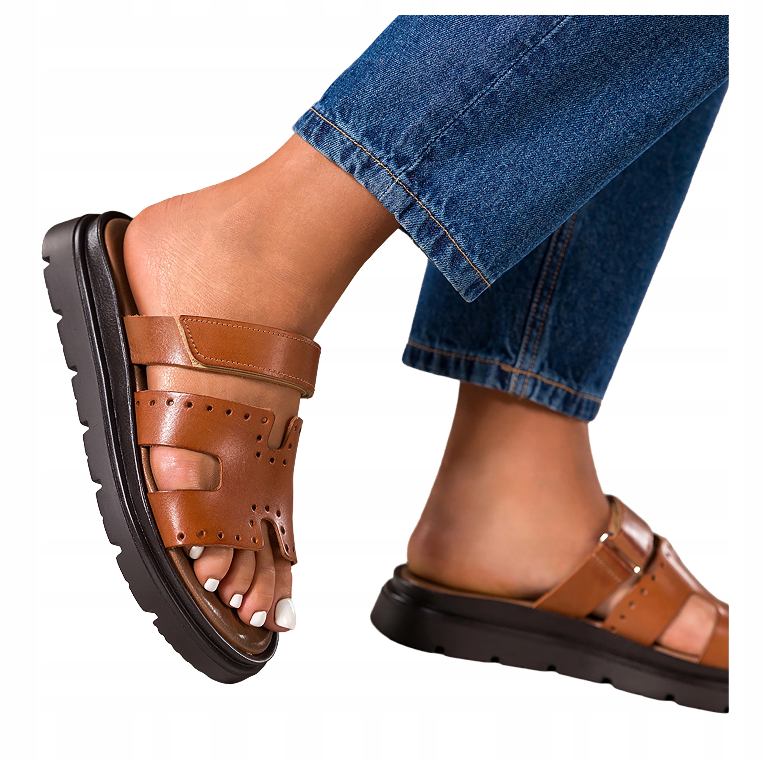 Hnědé Nazouváky Dámské Pohodlné Na Platformě Pásek Na Suchý Zip Kožené vel 37