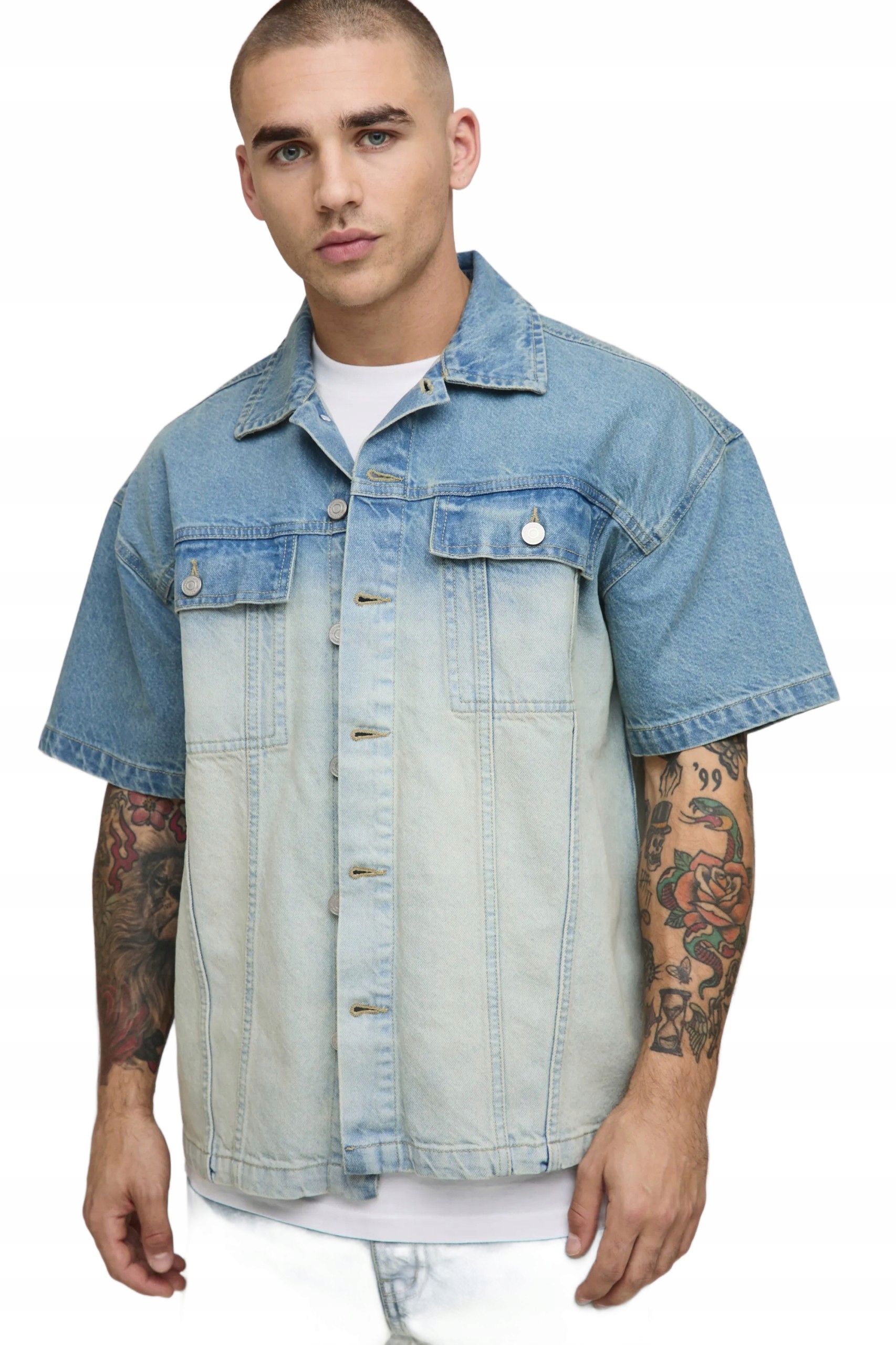 Boohooman Pánská Košile Casual Jeans Krátký Rukáv Dvoubarevná S Z3A