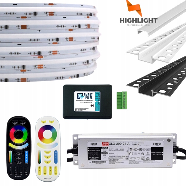 10m Zestaw Elewacja Wąż LED Cyfrowa COB RGB+NW 16W 24V IP65+Profil W/B